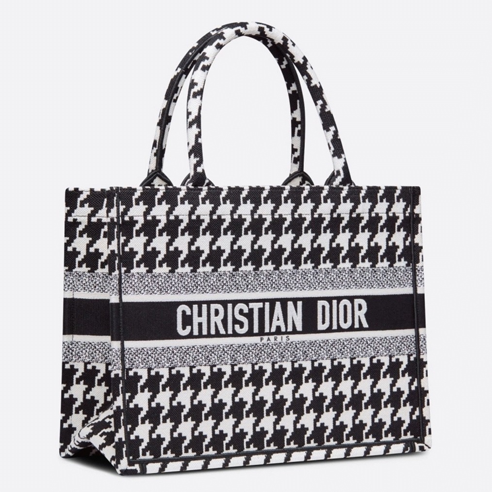 Dior Medium Book Tote Bag Replica in Black Houndstooth Embroidery