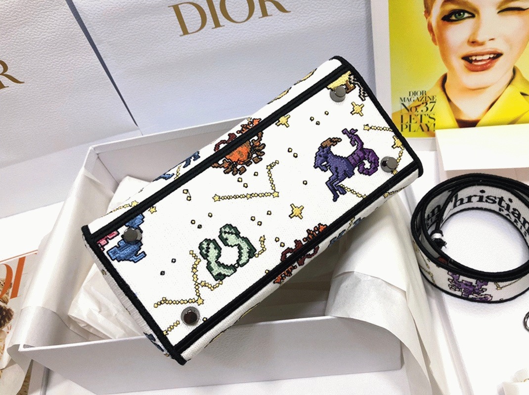 Dior Lady D-Lite Medium Bag Fake in White Pixel Zodiac Embroidery