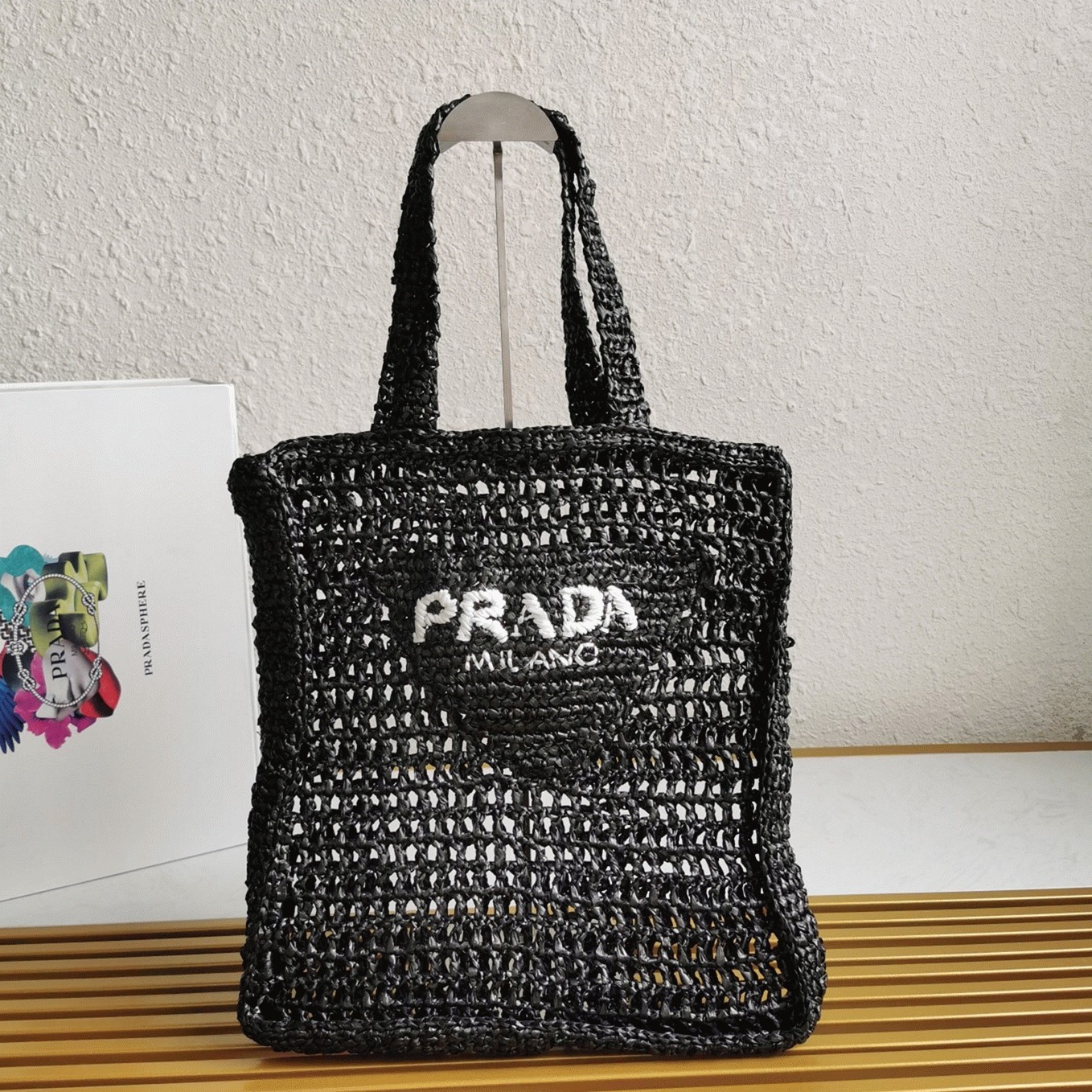 Prada Small Tote Bag Replica in Black Woven Raffia