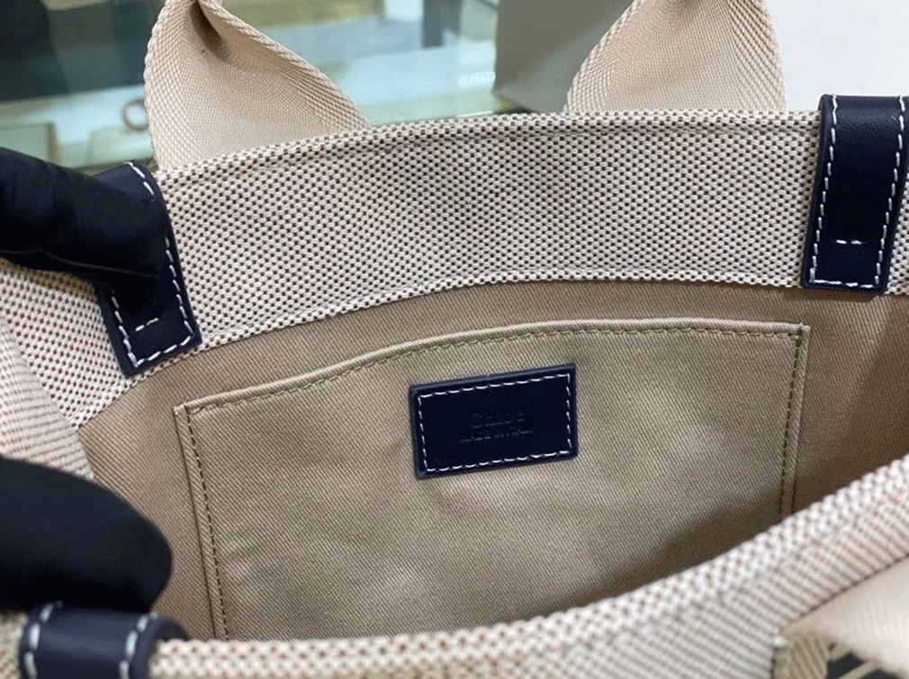 Top Quality Fake Chloe Small Woody Tote Bag in Canvas with Blue Leather Strips