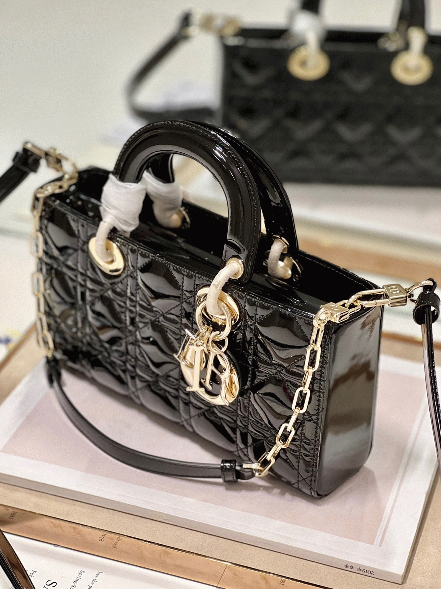 Dior Lady D-Joy Medium Bag Faux in Black Patent Cannage Calfskin