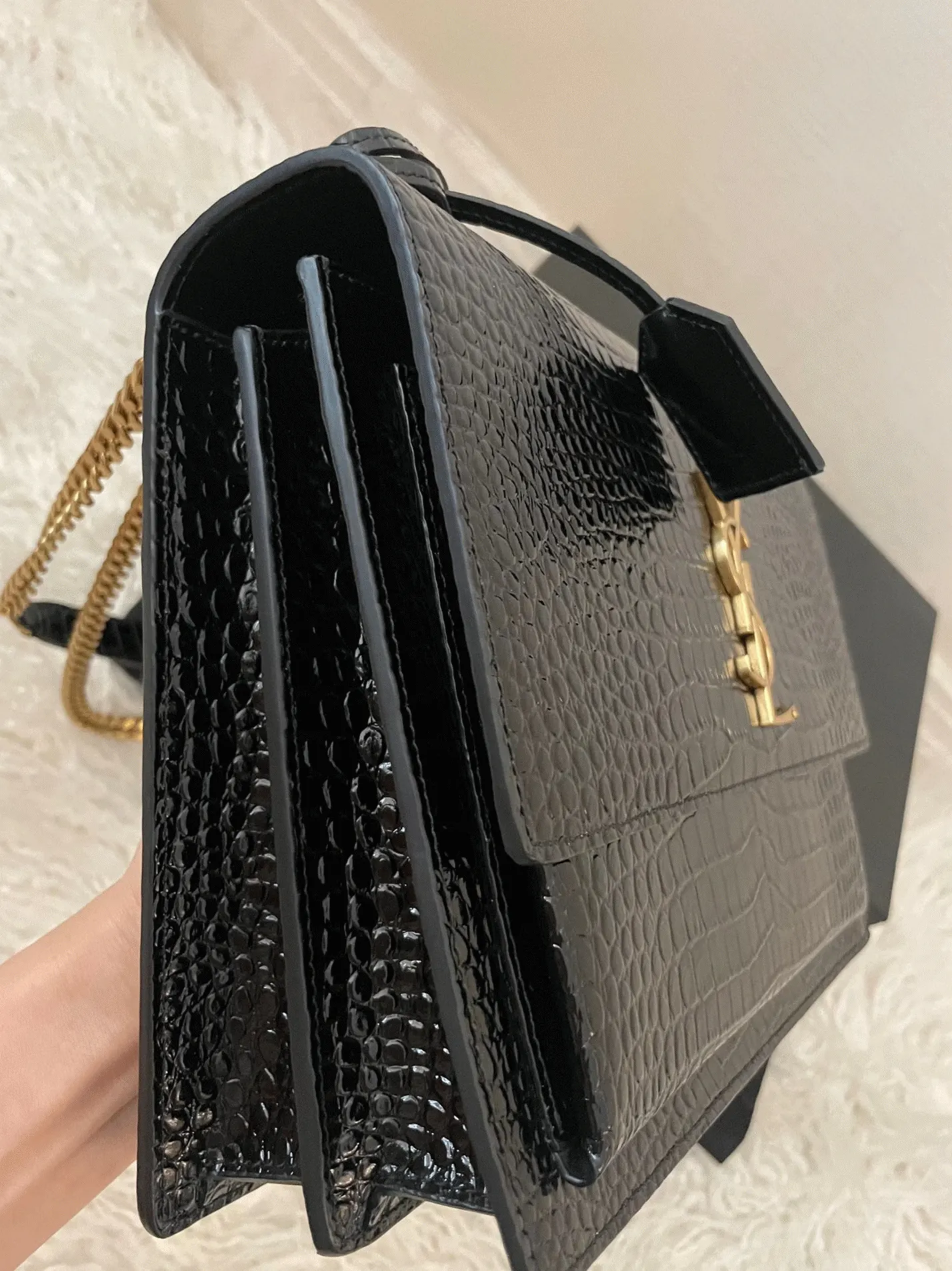 Black Croc-Embossed Leather YSL Sunset Medium Chain Replica Bag
