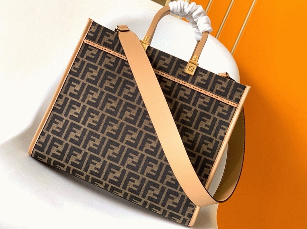 Top Quality Knockoff Fendi Sunshine Medium Tote Bag in Brown FF Jacquard Fabric
