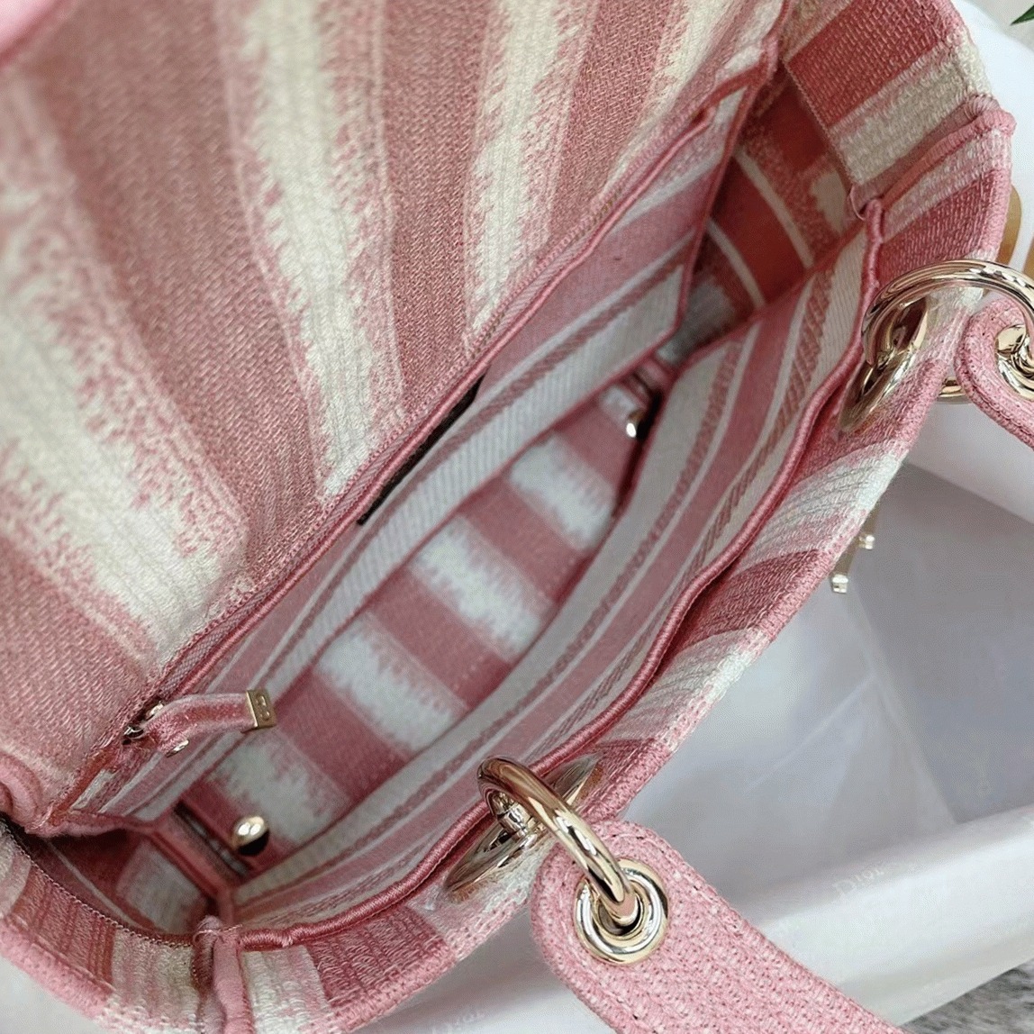Dior Lady D-Lite Medium Bag Replica in Pink D-Stripes Embroidery