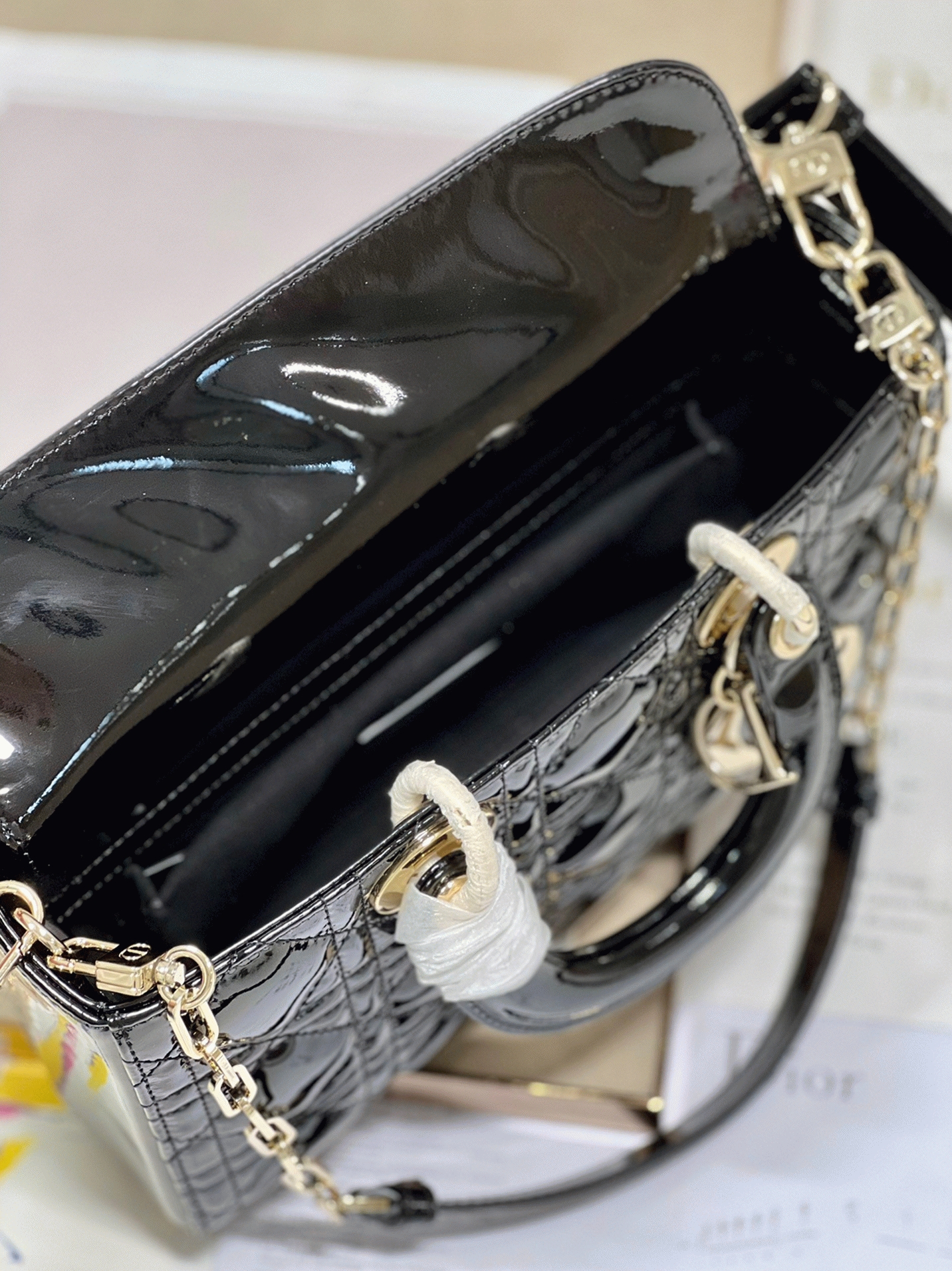 Dior Lady D-Joy Medium Bag Faux in Black Patent Cannage Calfskin
