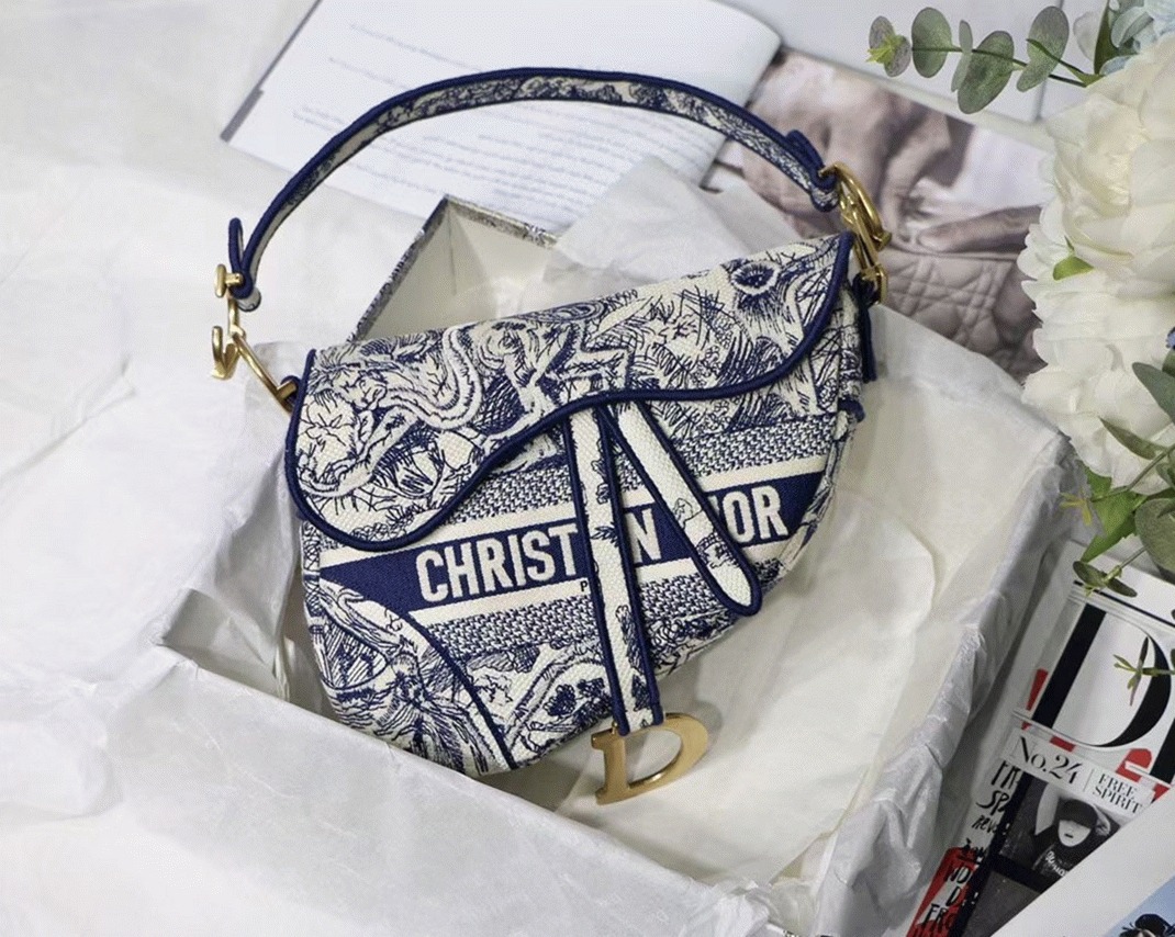 Dior Saddle Bag Replica in Blue Toile de Jouy Embroidery
