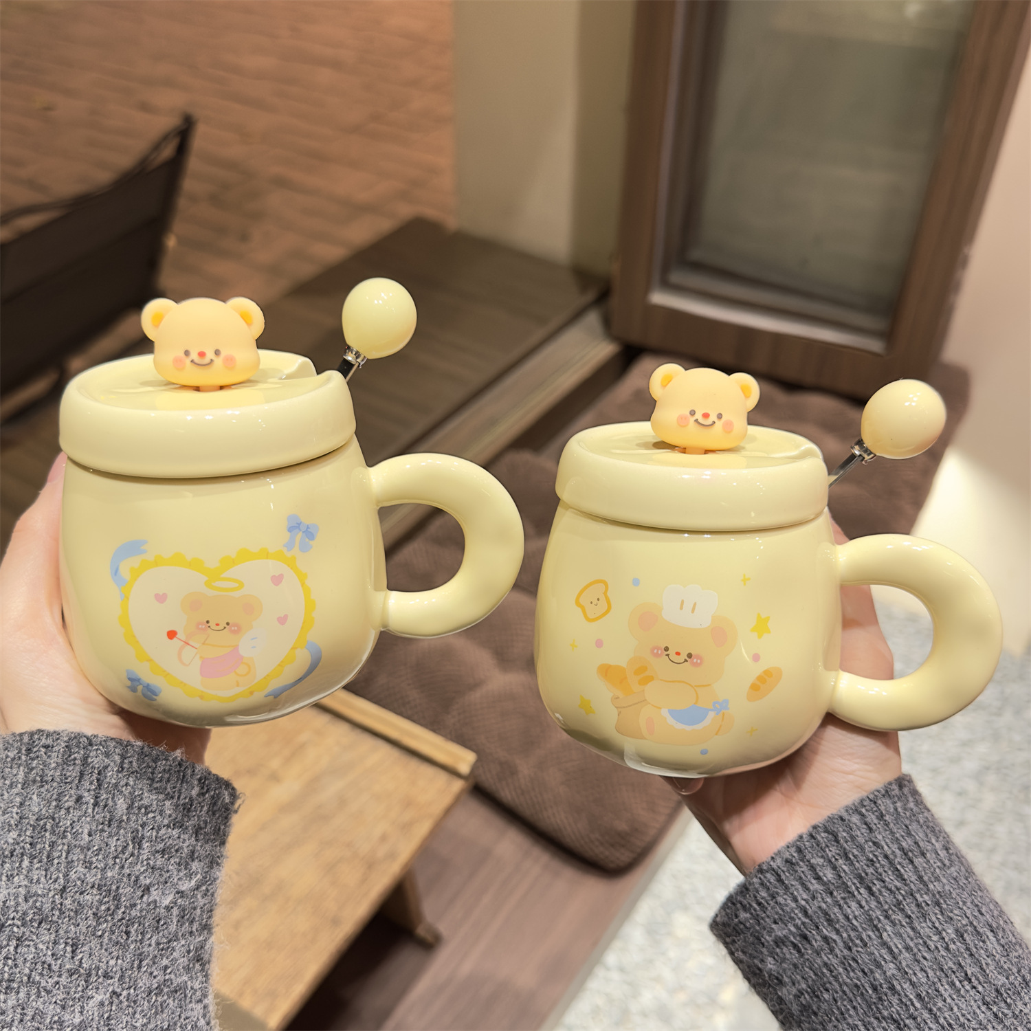 Bear Ceramic Mug with Lid and Spoon