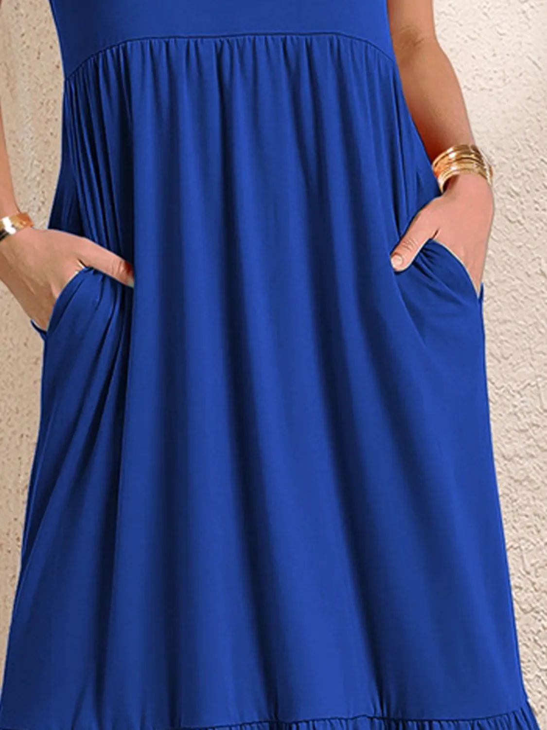 Round Neck Short Sleeve Dress with Pockets