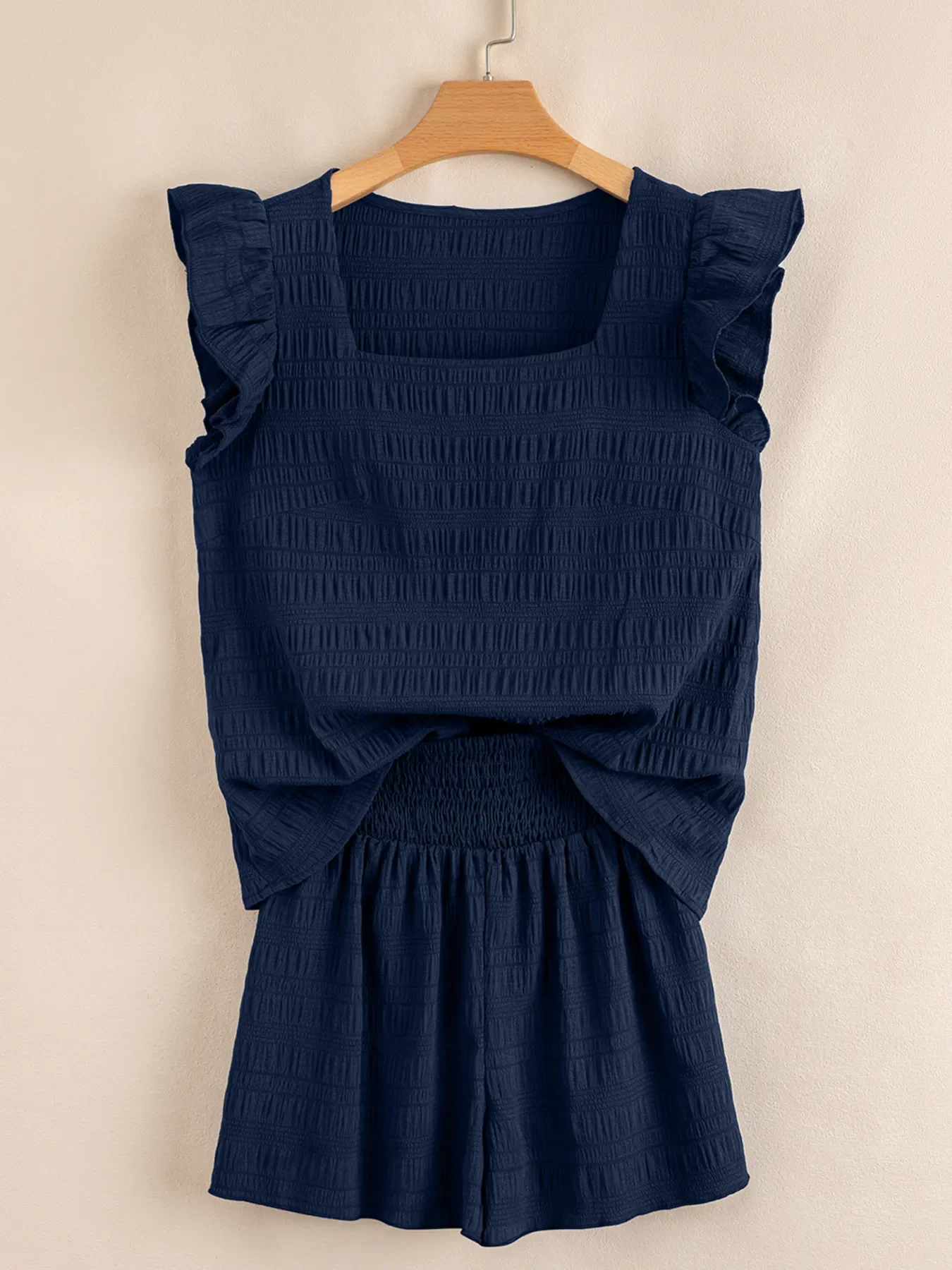 Textured Square Neck Top and Shirred High Waist Shorts Set