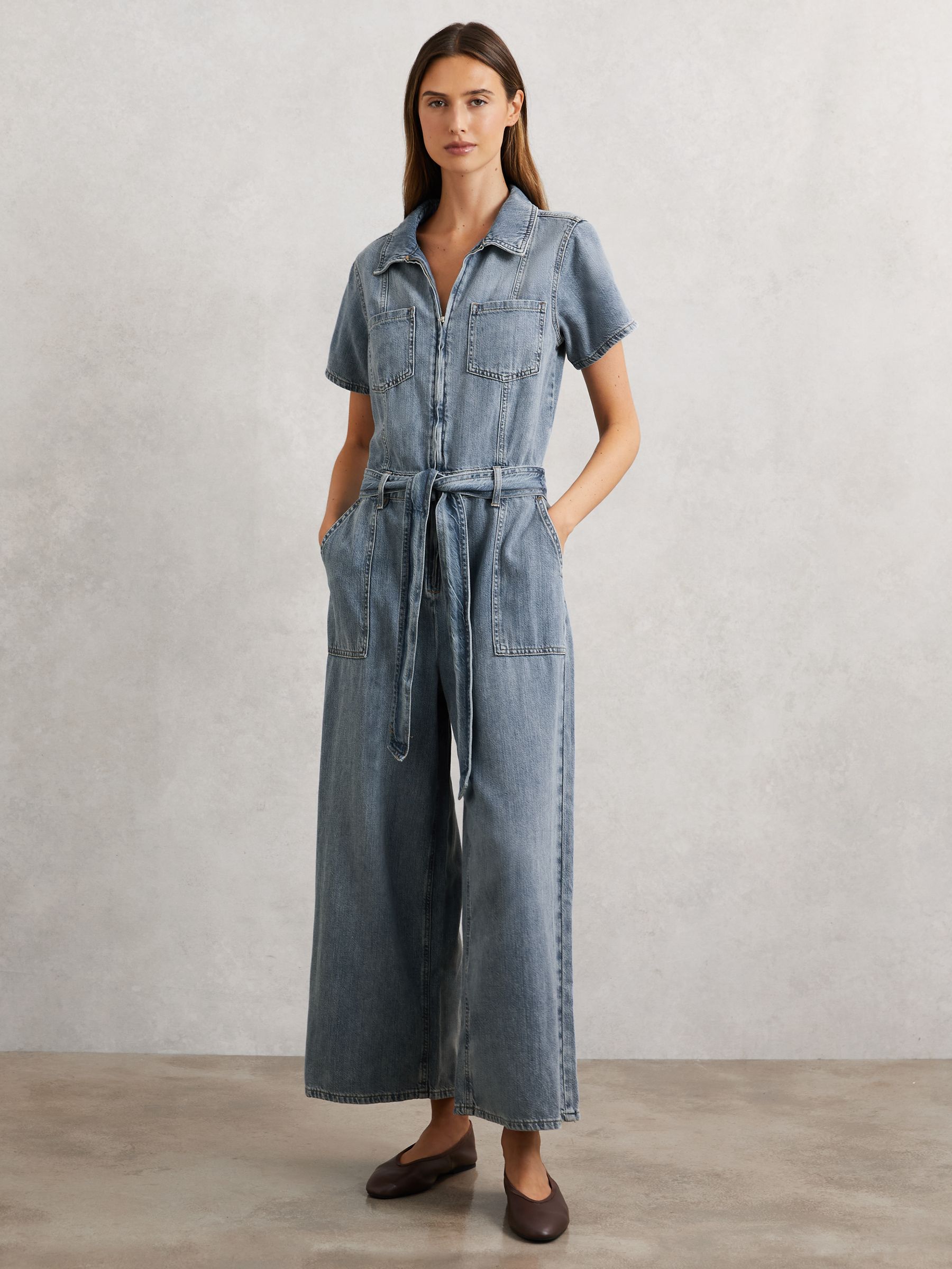 Good American Denim Wide-Leg Jumpsuit with Linen in Indigo Blue