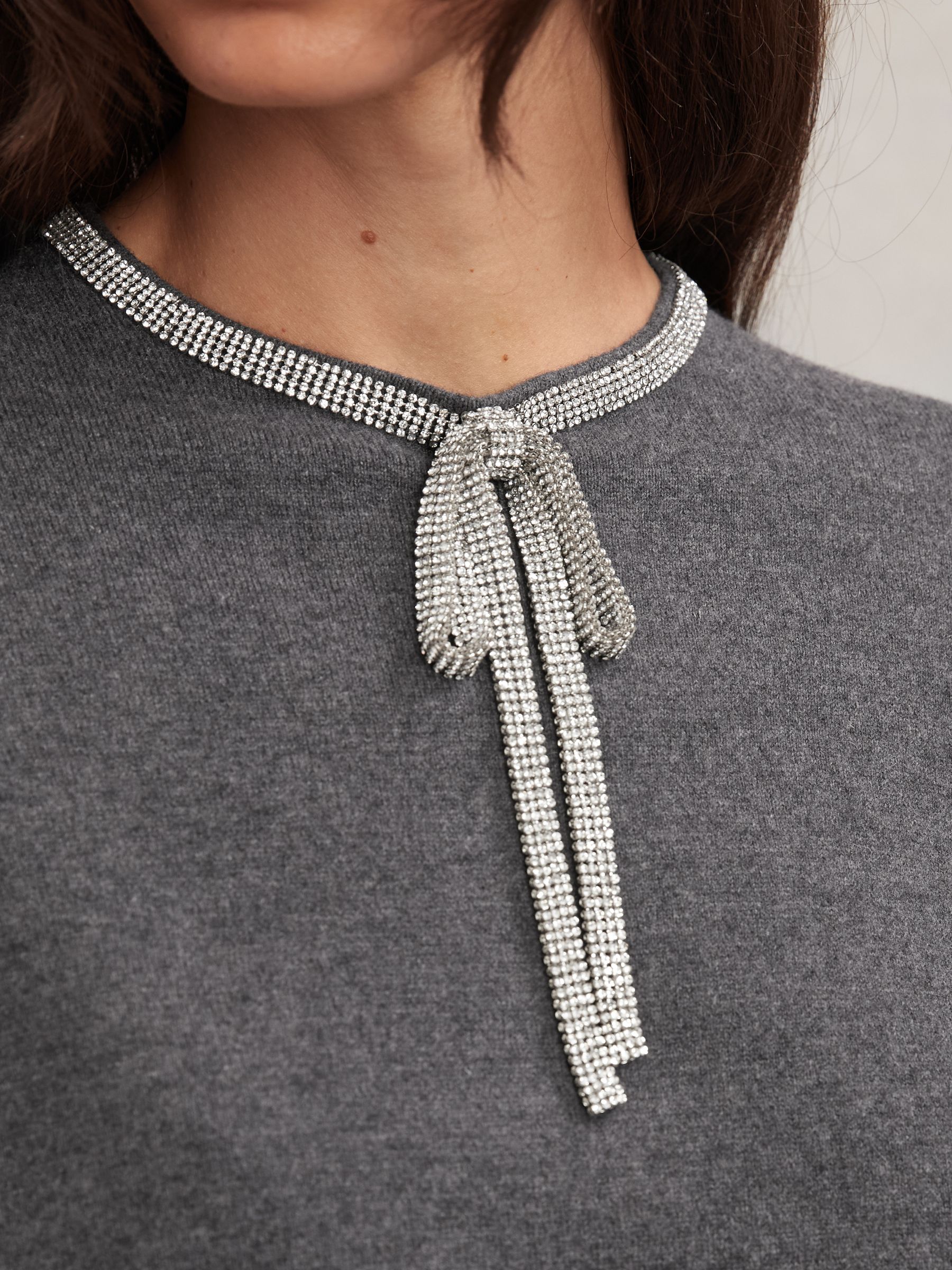 Wool-Blend Crystal-Bow Knit Mini Dress with Cashmere in Grey