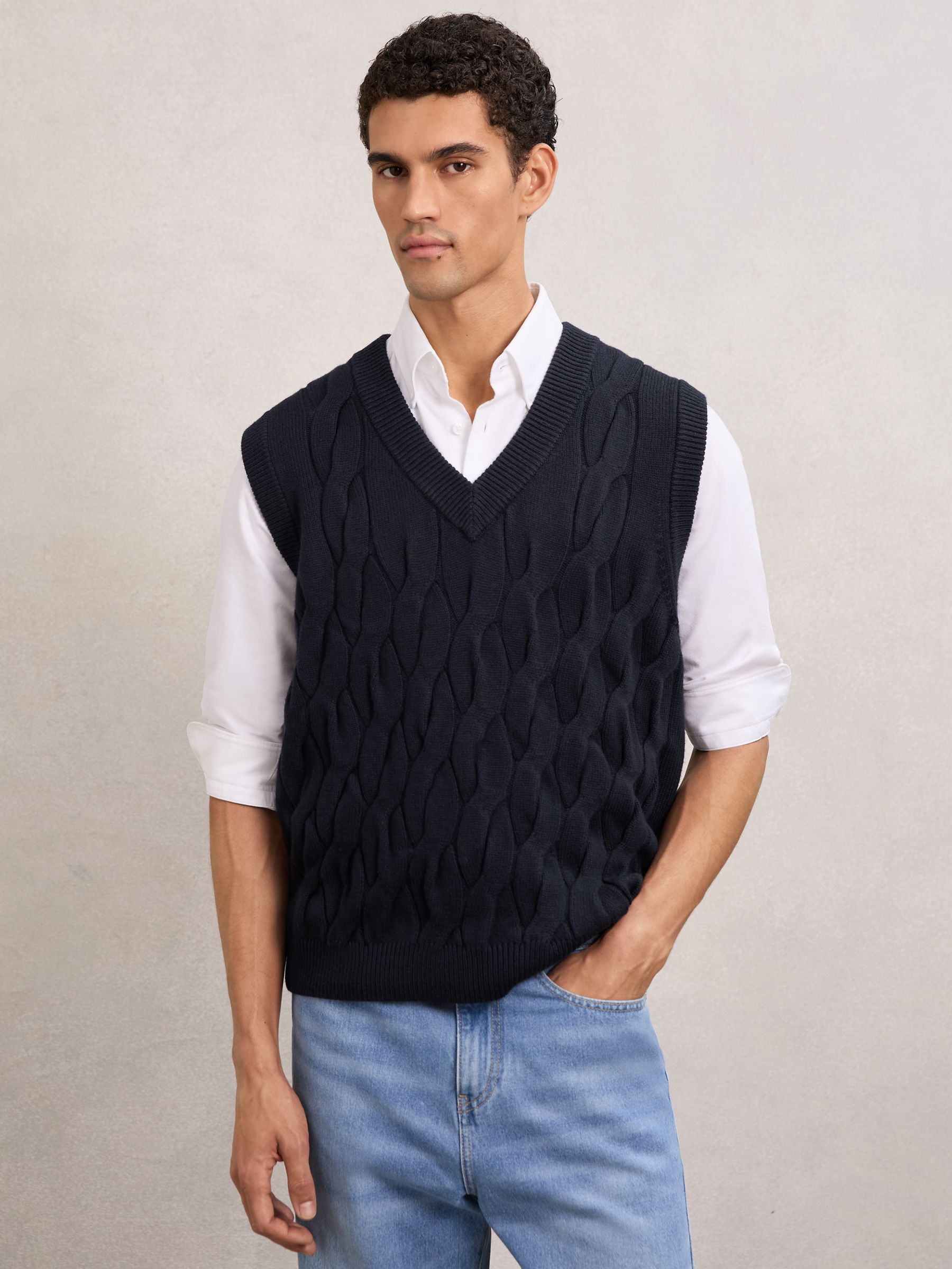 Cable-Knit V-Neck Vest with Wool in Navy