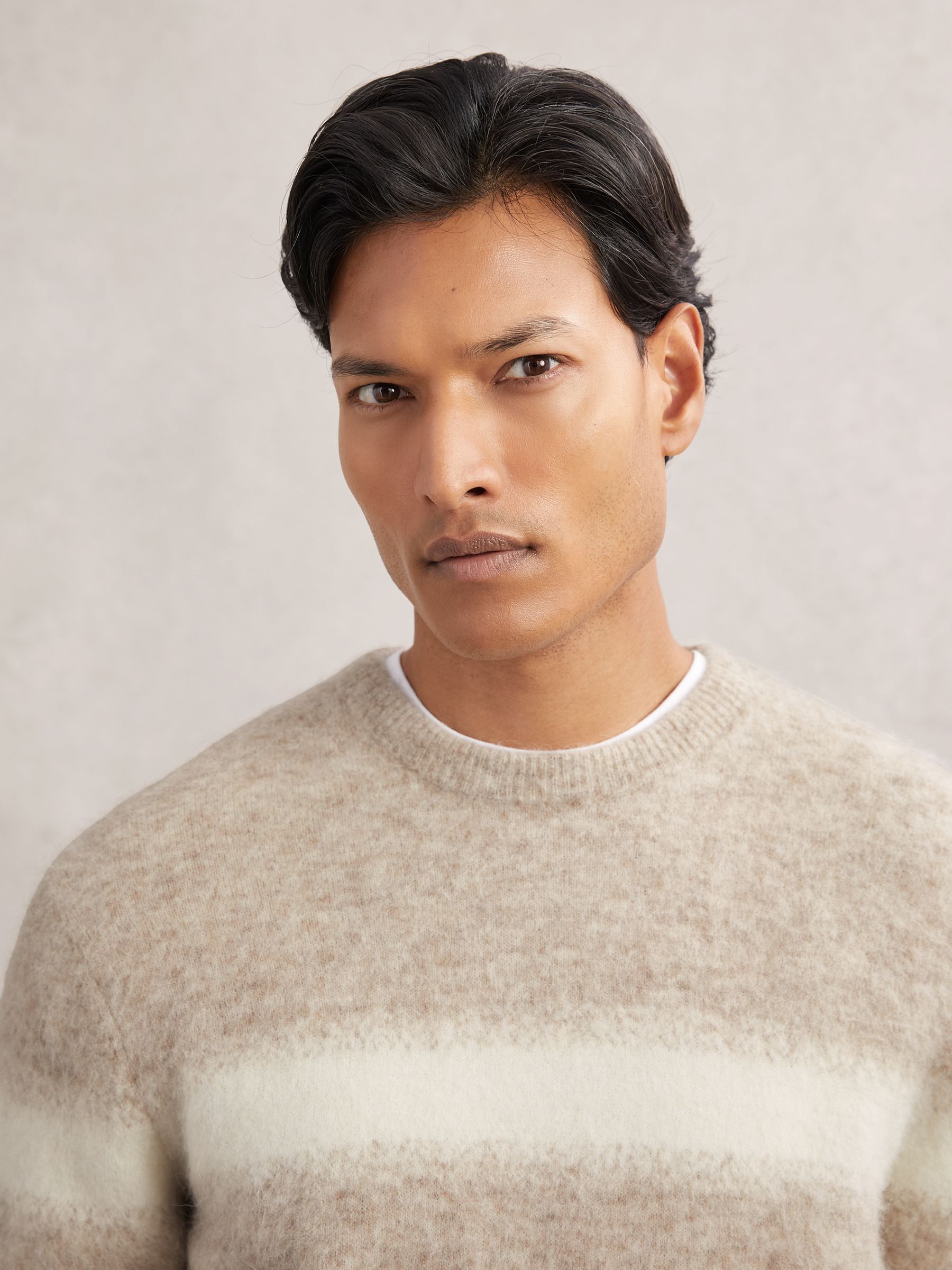 Wool-Alpaca Blend Stripe Jumper in Oatmeal/White