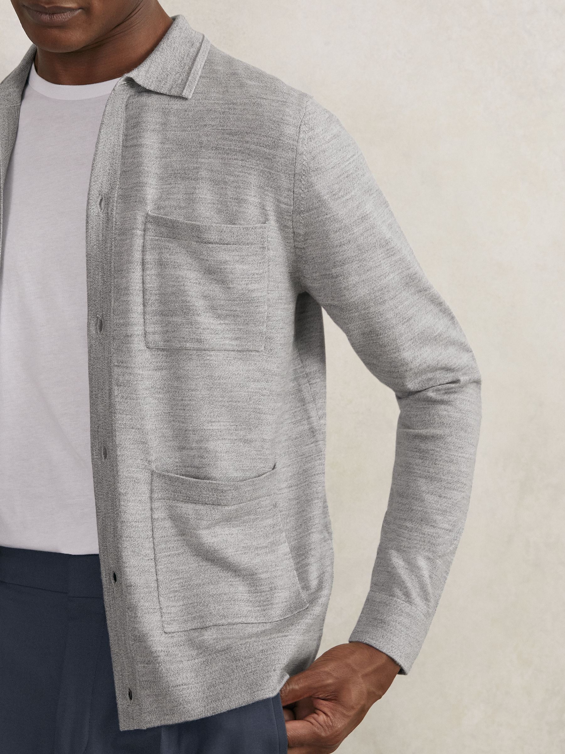 Merino Wool Button-Through Shirt in Soft Grey Mouline