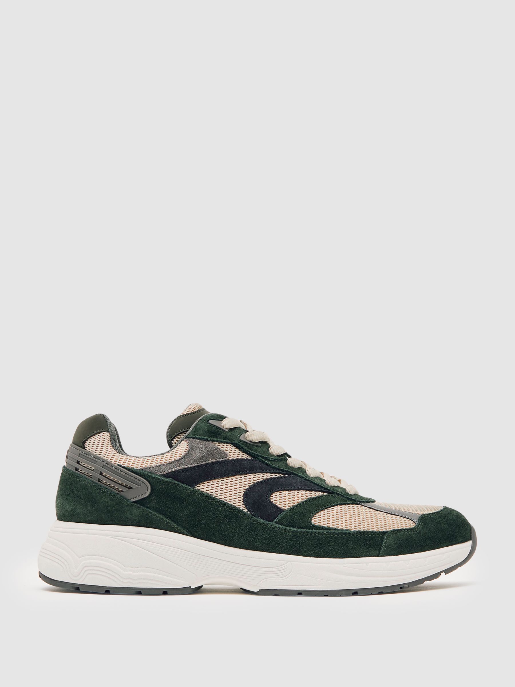 Panelled Running Trainers in Forest Green/Stone