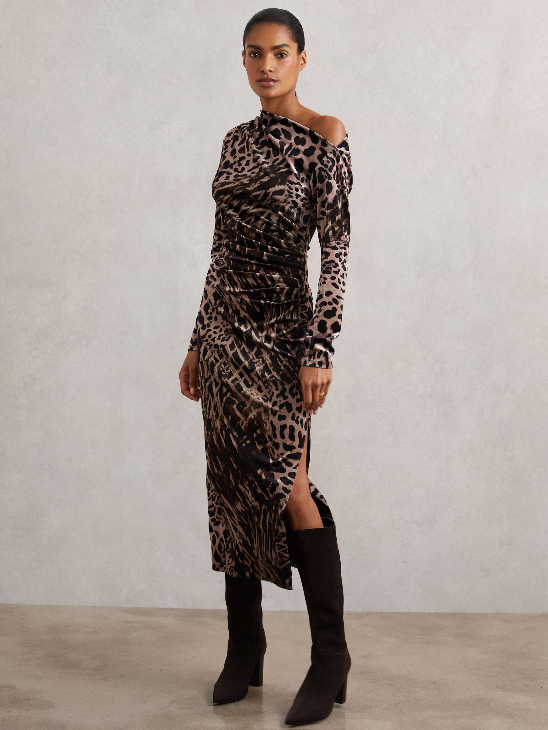 Velvet Leopard-Print Midi Dress in Black/Brown