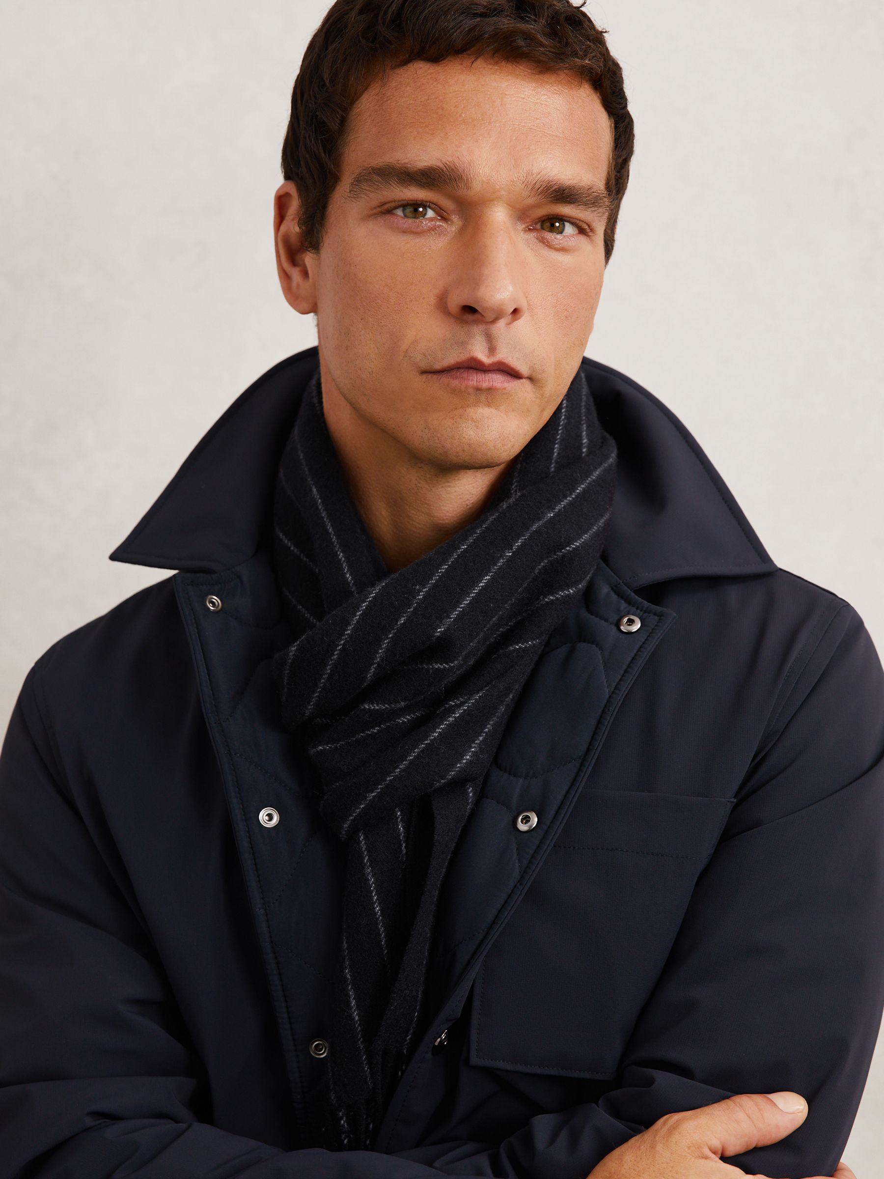 Wool-Cashmere Pinstripe Scarf in Navy