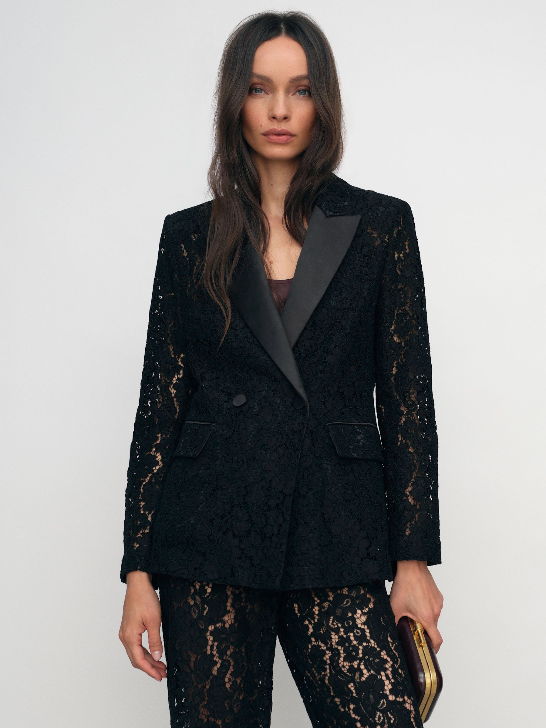 Double-Breasted Lace Tuxedo Blazer in Black