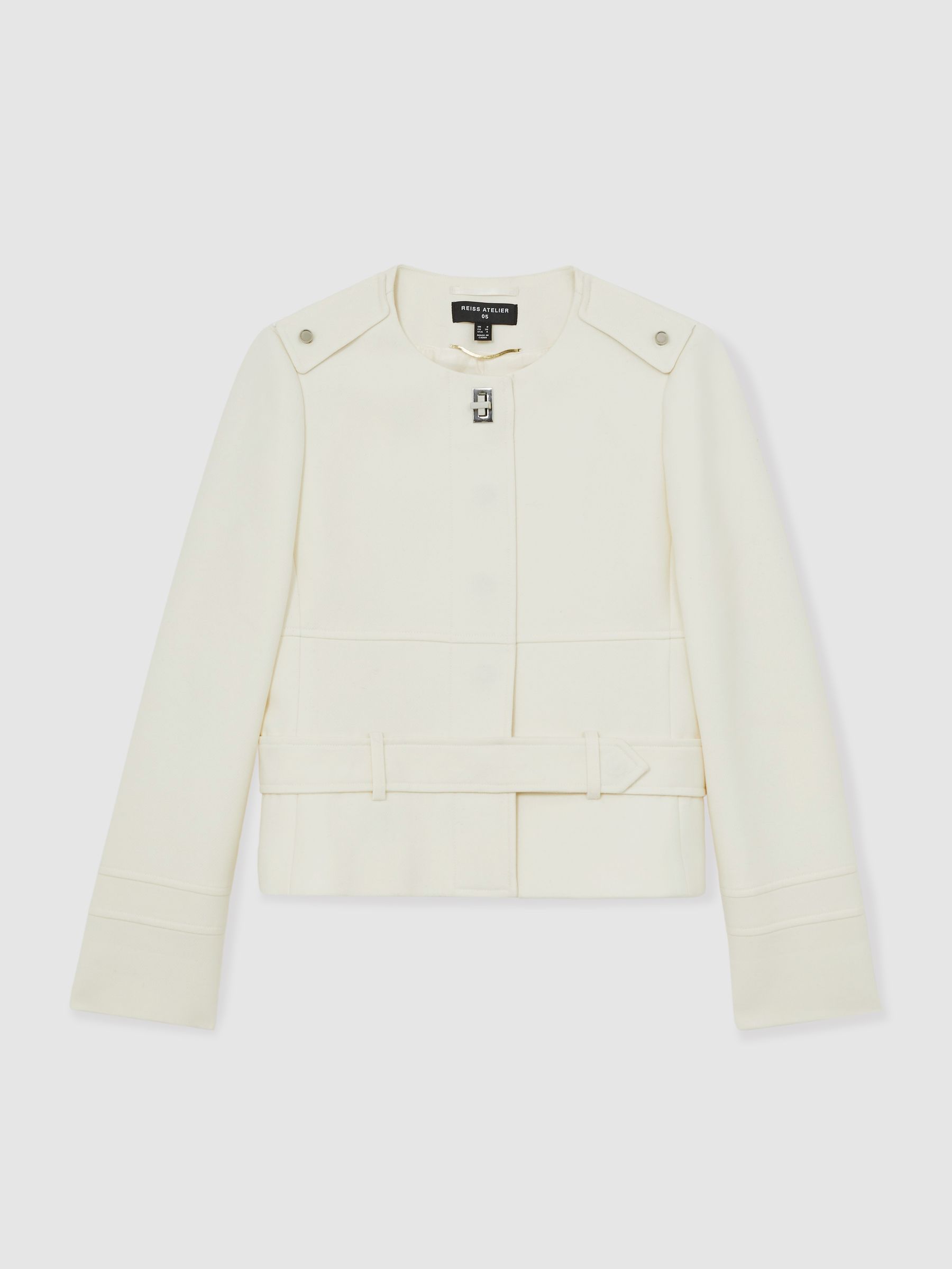 Atelier Wool Collarless Belted Jacket in White
