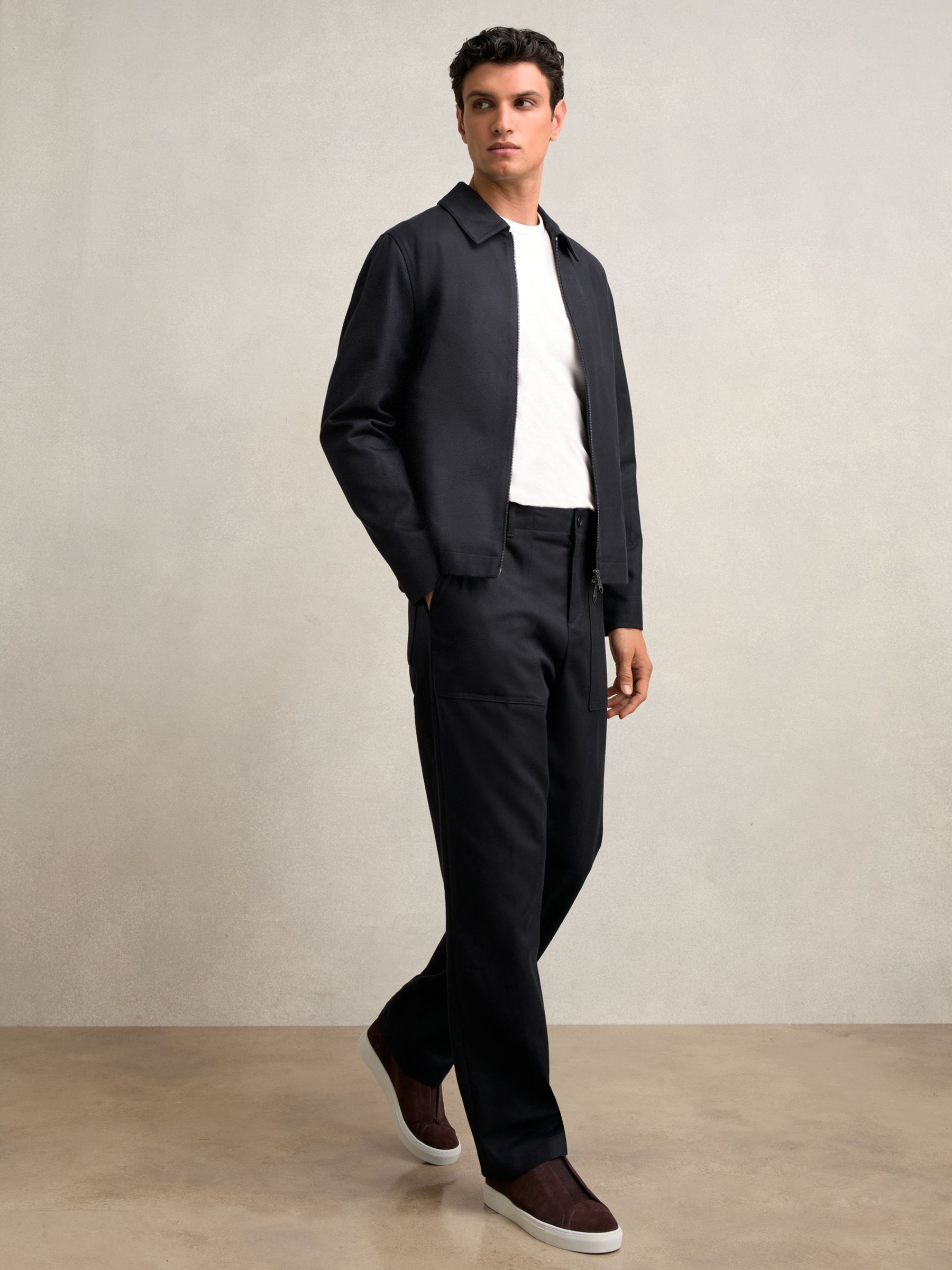 Lyocell-Cotton Zip-Through Twill Jacket in Navy