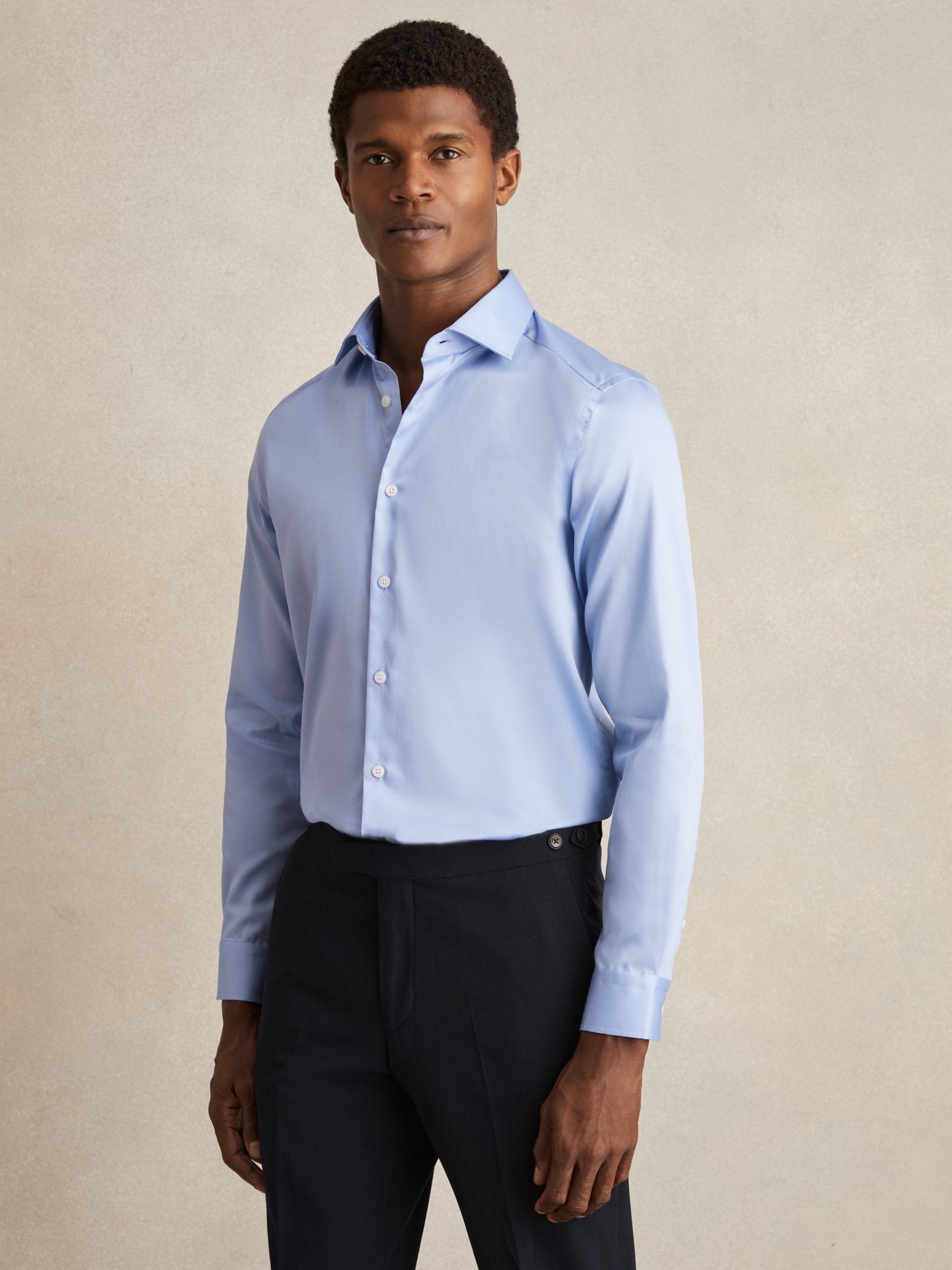 Slim Fit Cotton-Satin Regular-Fit Stripe Shirt in Mid Blue