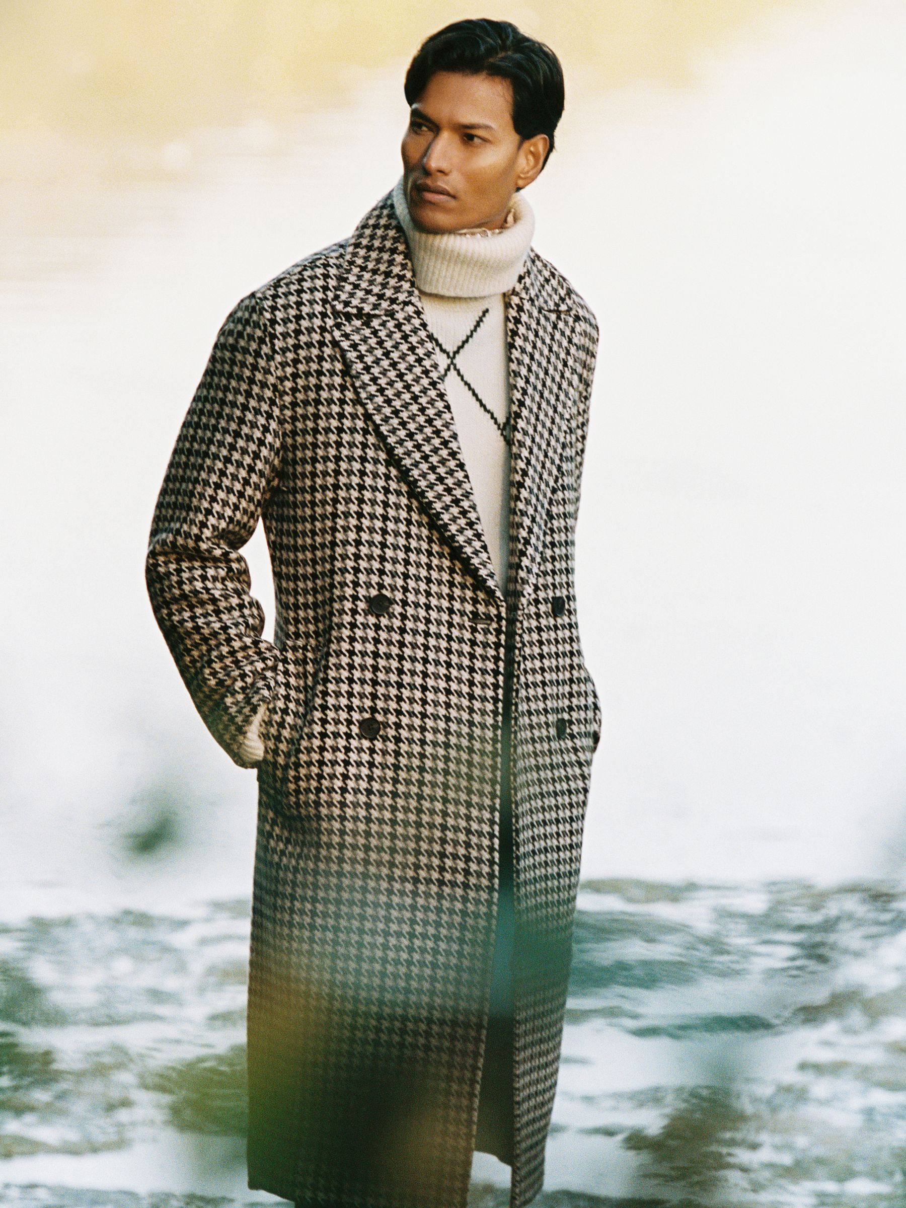 Wool Dogtooth Double-Breasted Overcoat in Brown Multi