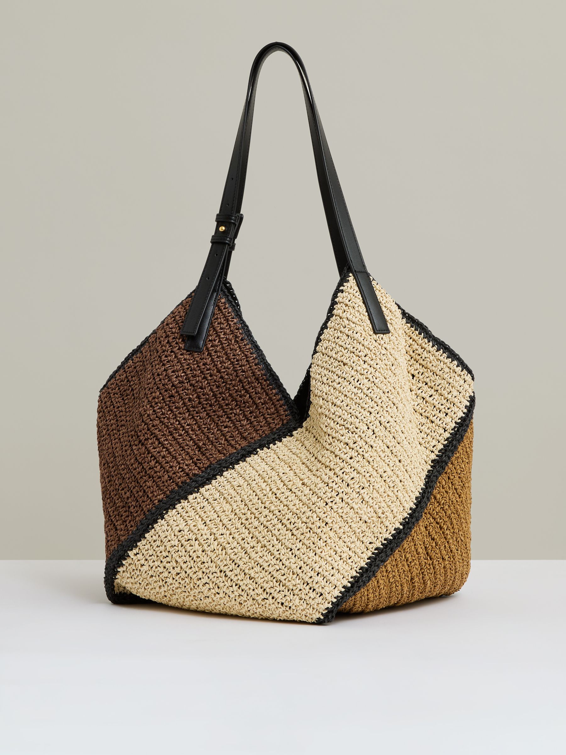 Raffia Colour-Block Tote Bag in Tan