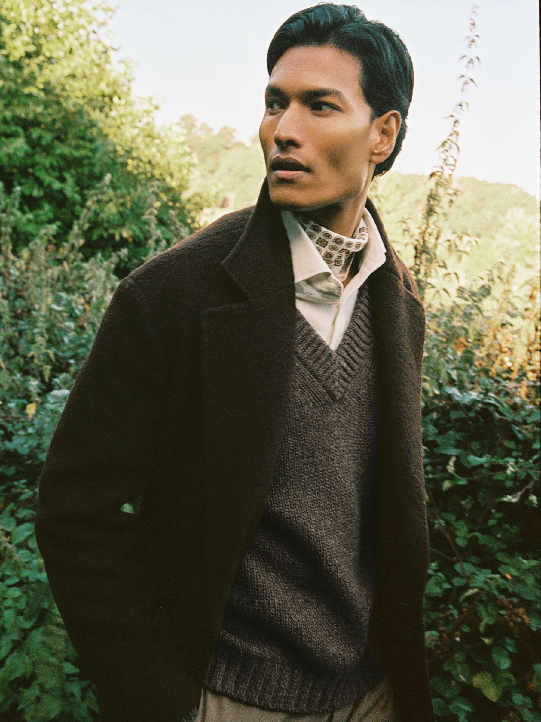 Wool-Blend Relaxed Open-Collar Jumper in Taupe Brown Melange