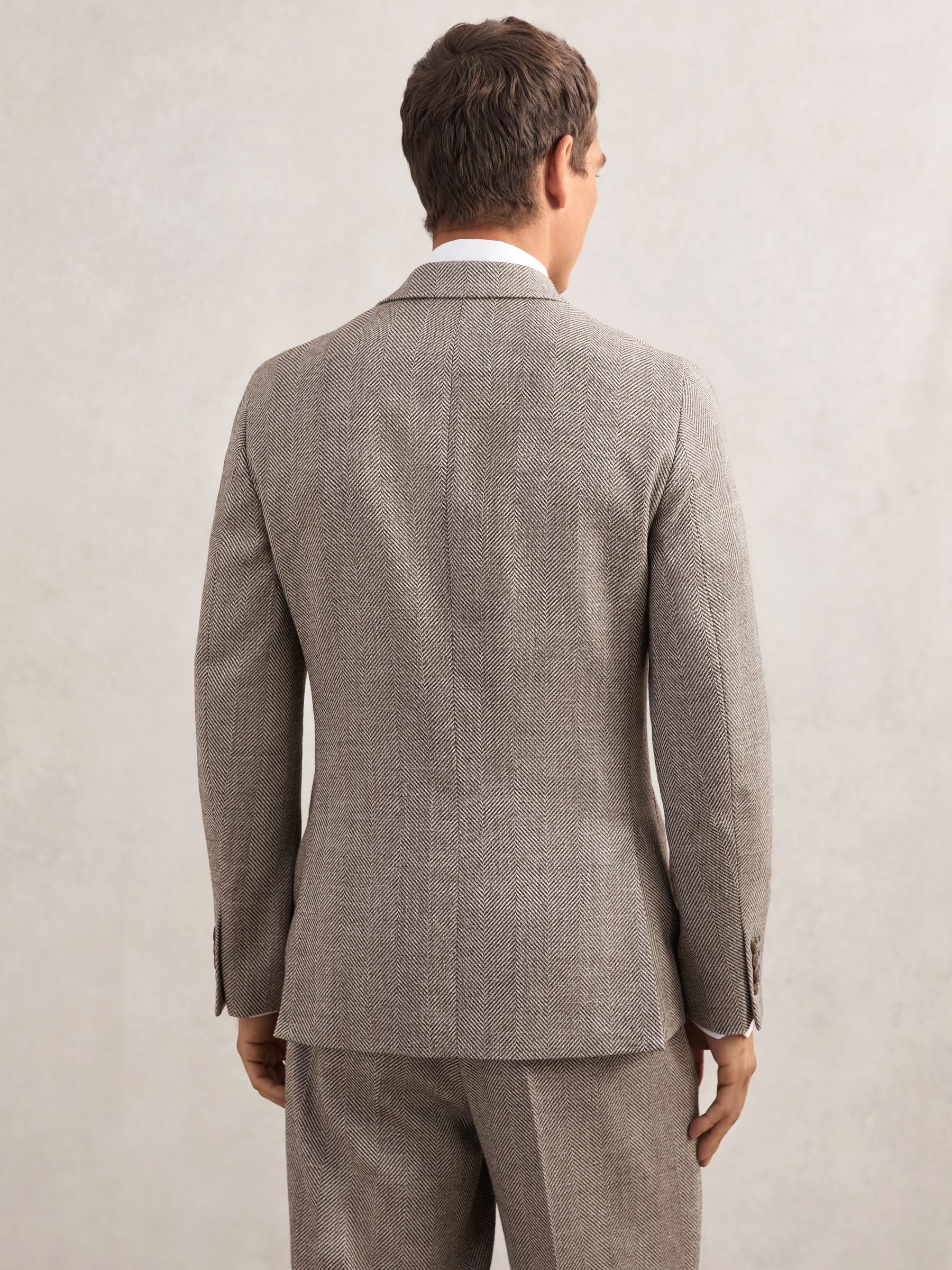 Double-Breasted Herringbone Blazer Slim-Fit Wool-Blend in Brown