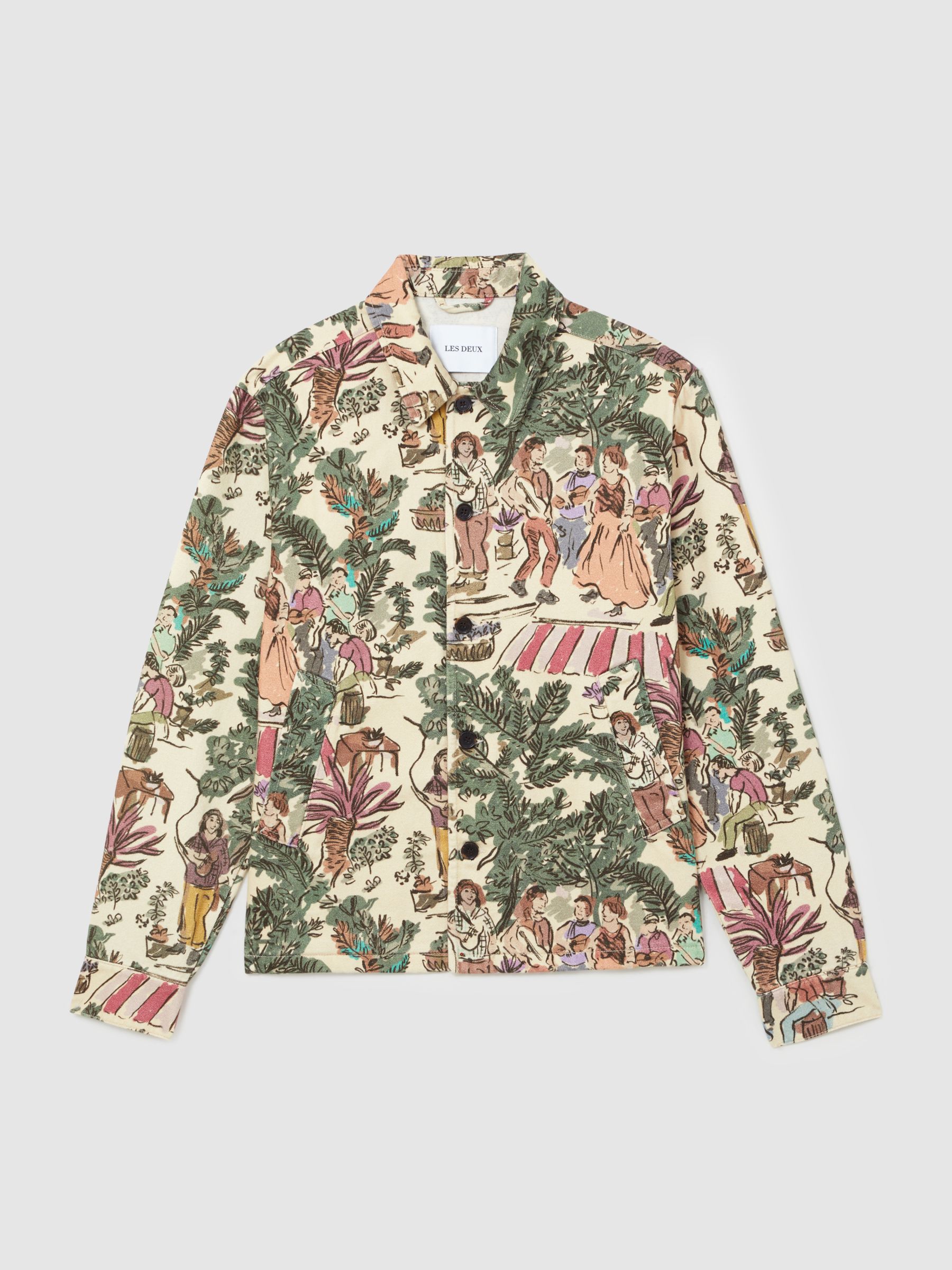 Les Deux Cotton Printed Worker Jacket in Oil Green