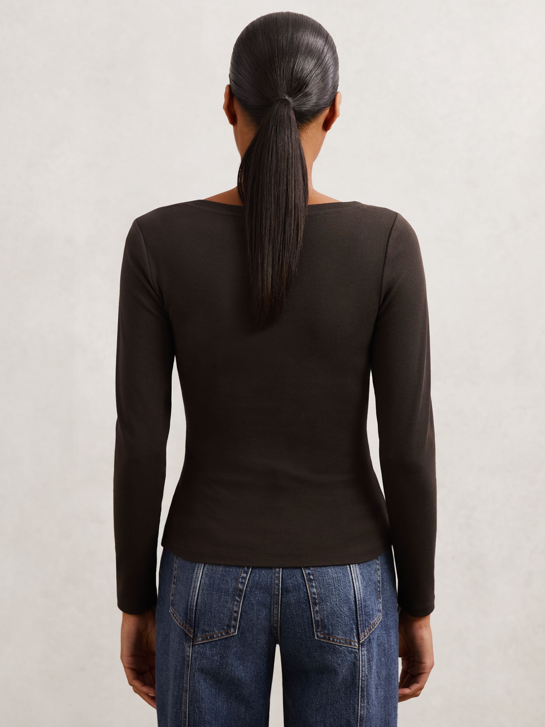 Stretch-Cotton Asymmetric-Neck Top in Chocolate Brown