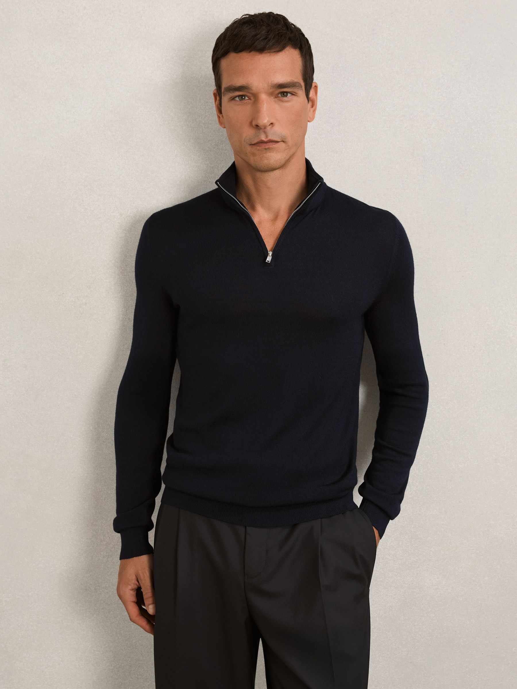 Merino Wool Half-Zip Funnel Neck Jumper in Navy