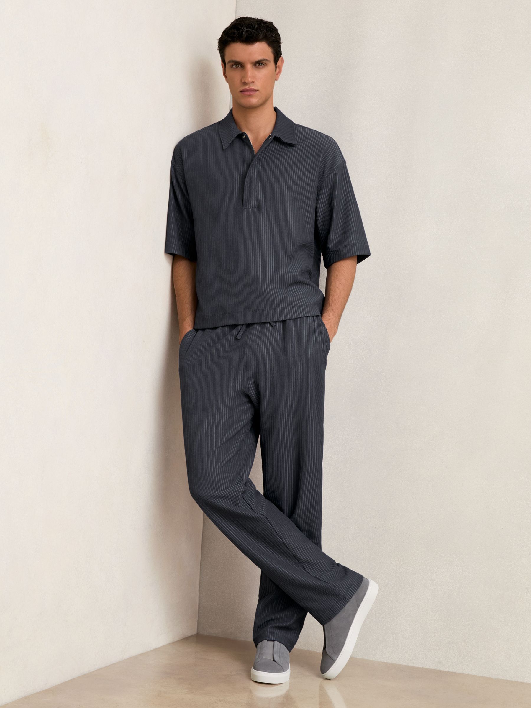 Textured Stripe Drawstring Trousers in Petrol Blue
