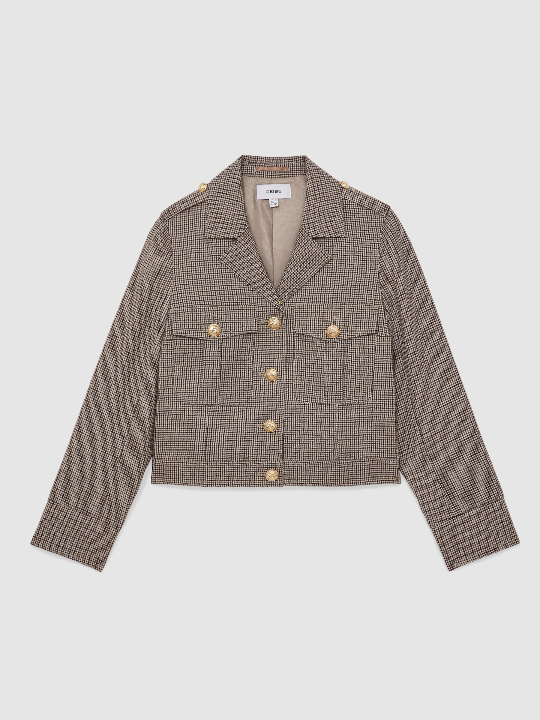 Wool Twin-Pocket Cropped Jacket in Neutral Check