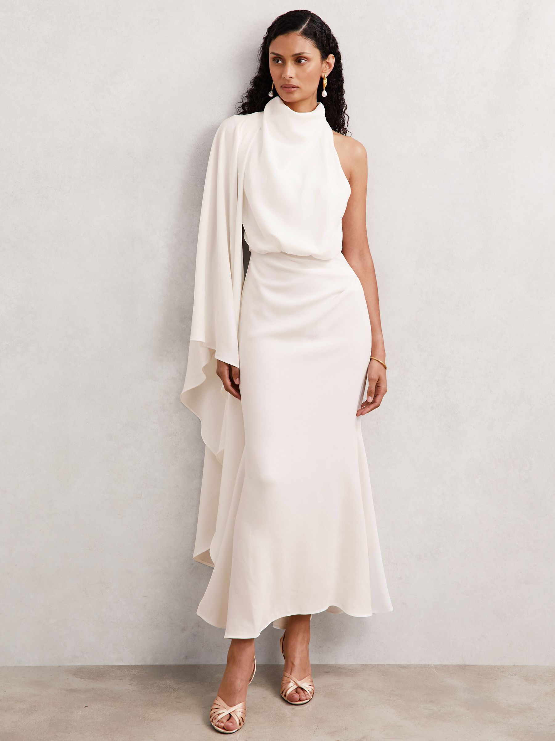 Acler Satin Single-Sleeve Maxi Dress in Ivory