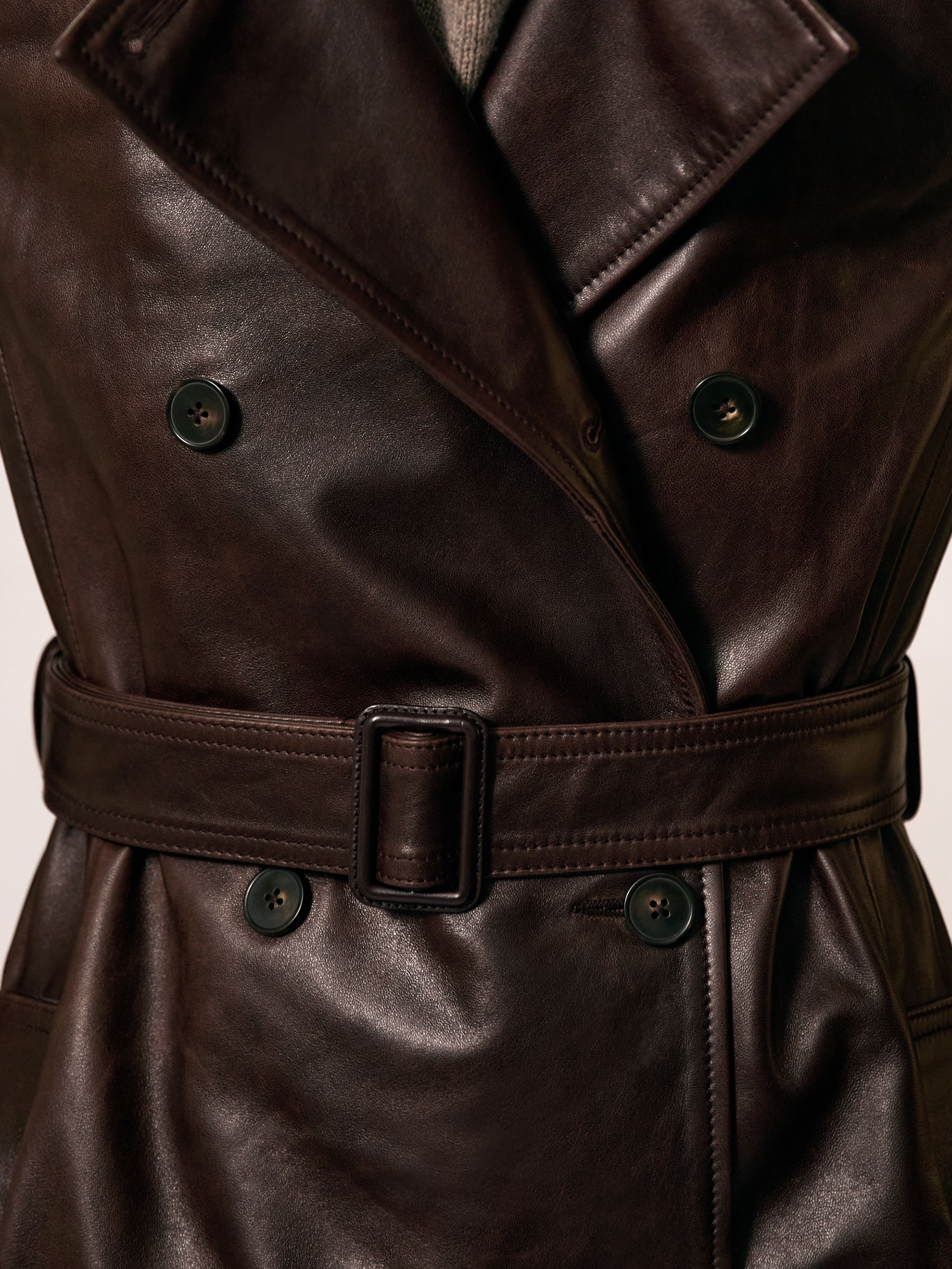 Leather Double-Breasted Trench Coat in Chocolate