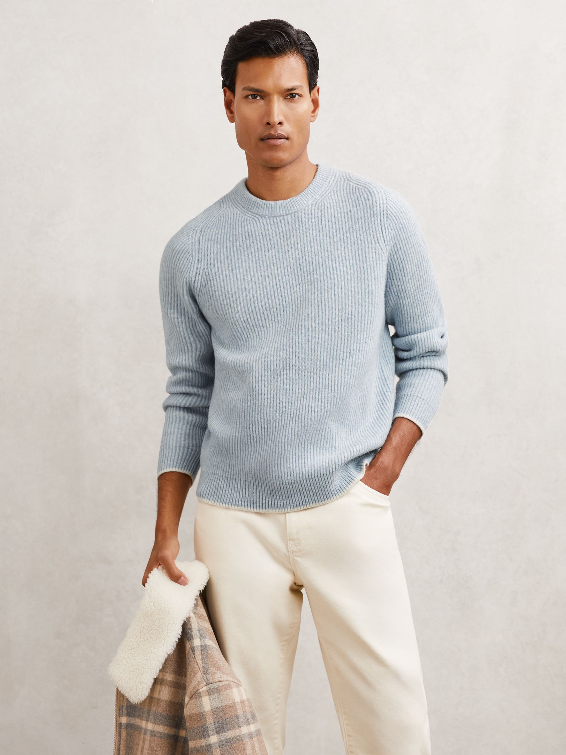 Brushed Rib-Knit Crew-Neck Jumper with Wool in Soft Blue