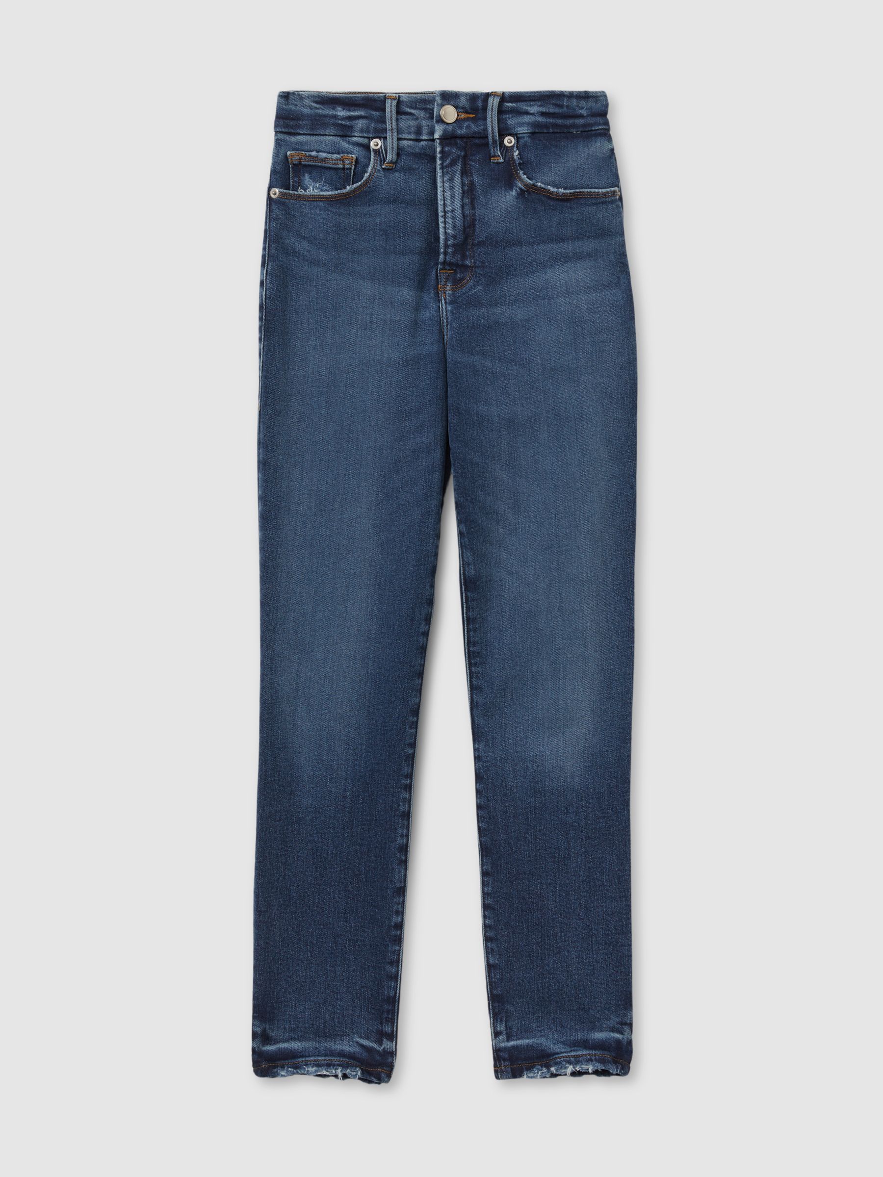 Good American Mid Rise Raw Hem Skinny Jeans in Indigo