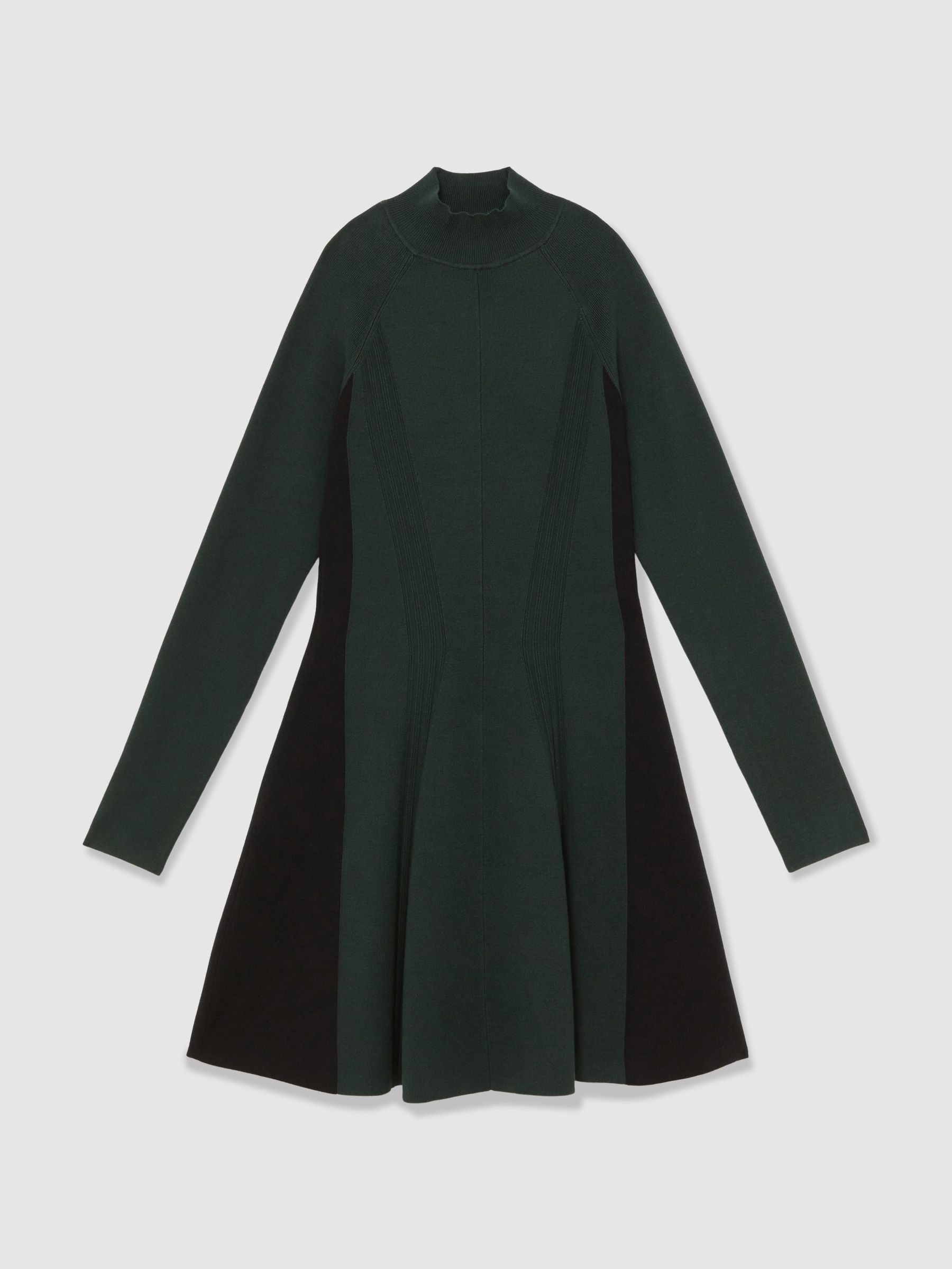 Knitted Contrast-Panel Skater Dress in Green/Black