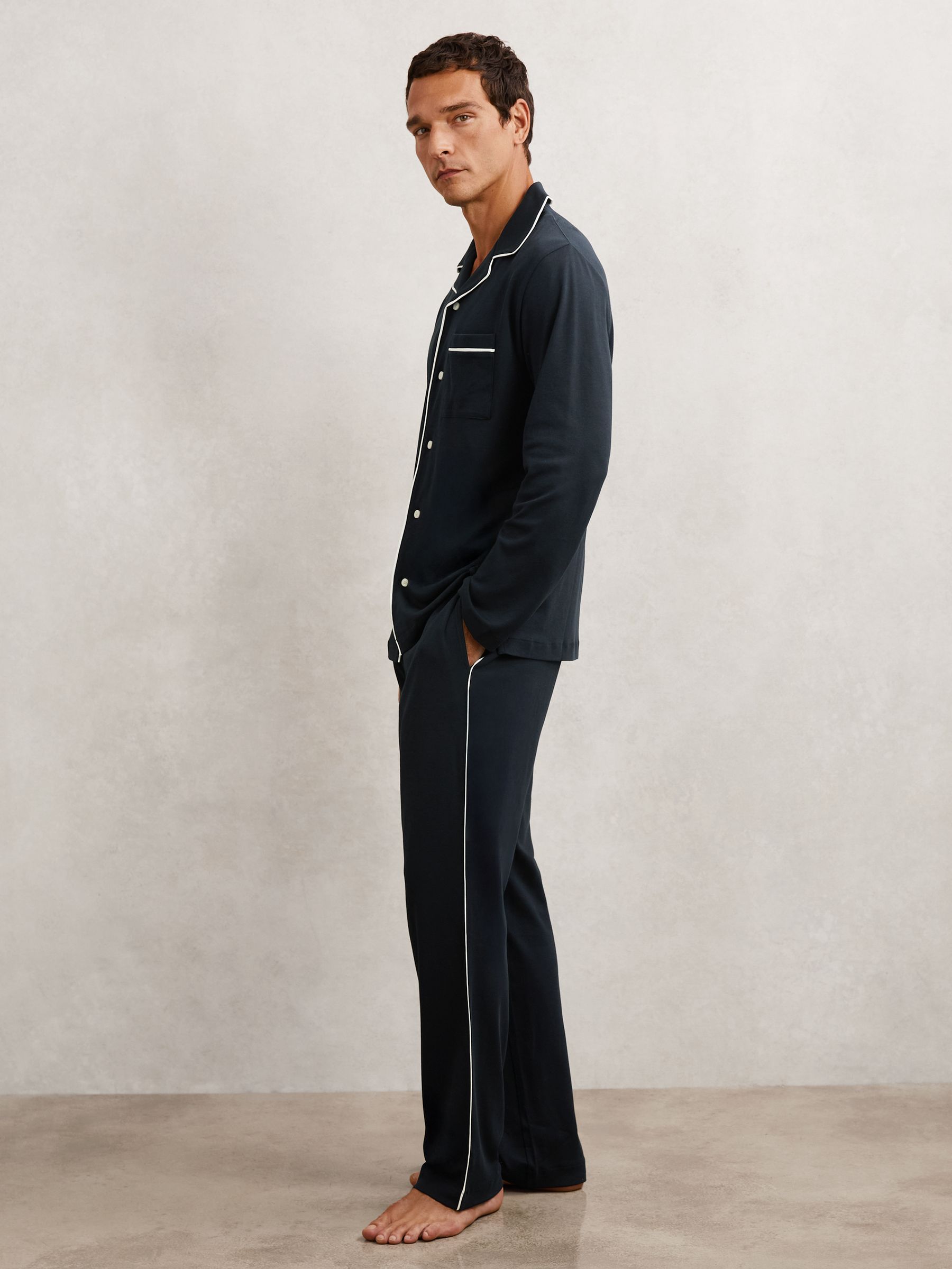 Cotton Piped Pyjamas Set in Navy