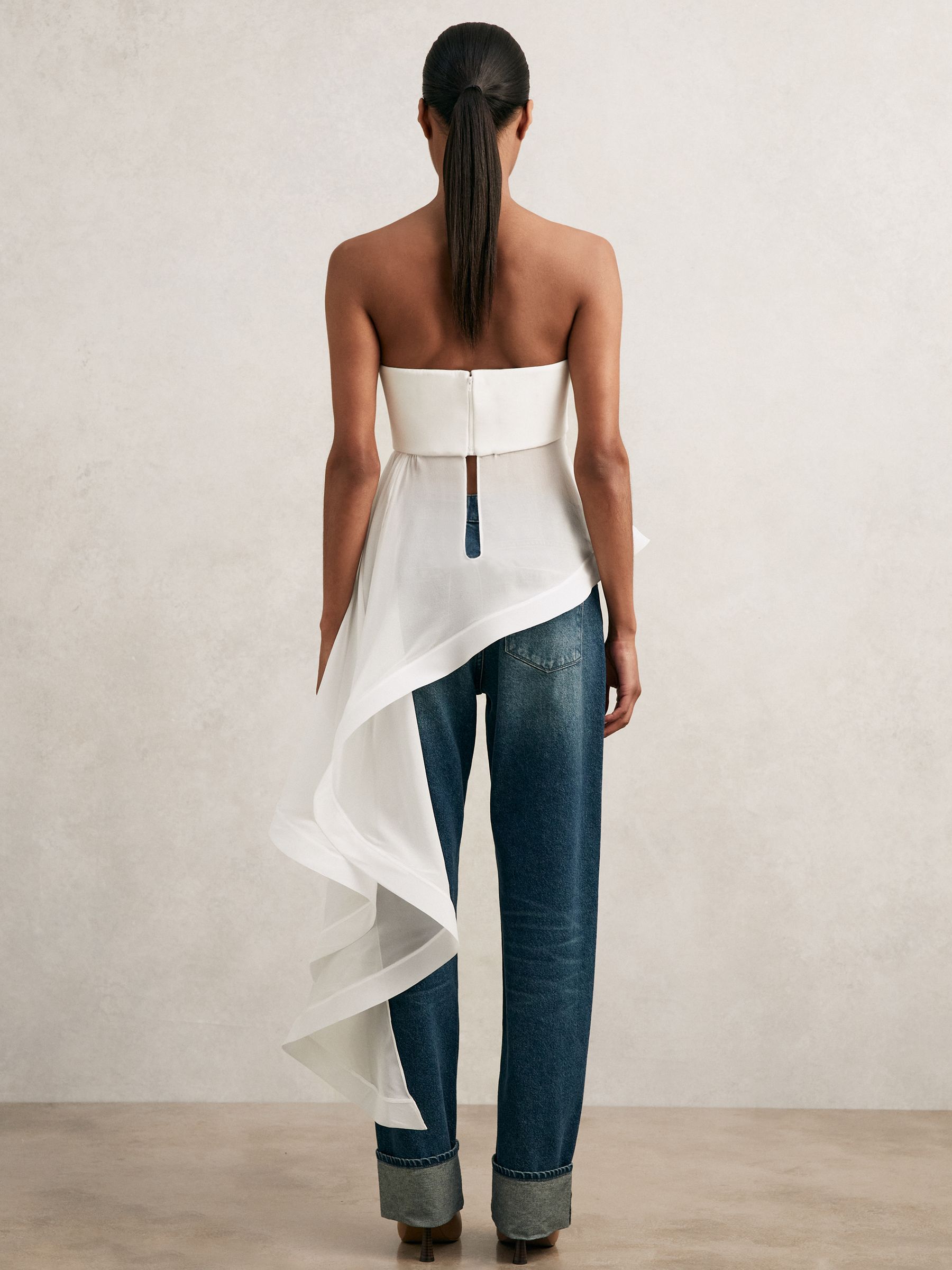 Silk Asymmetric-Ruffle Bandeau Top in Ivory