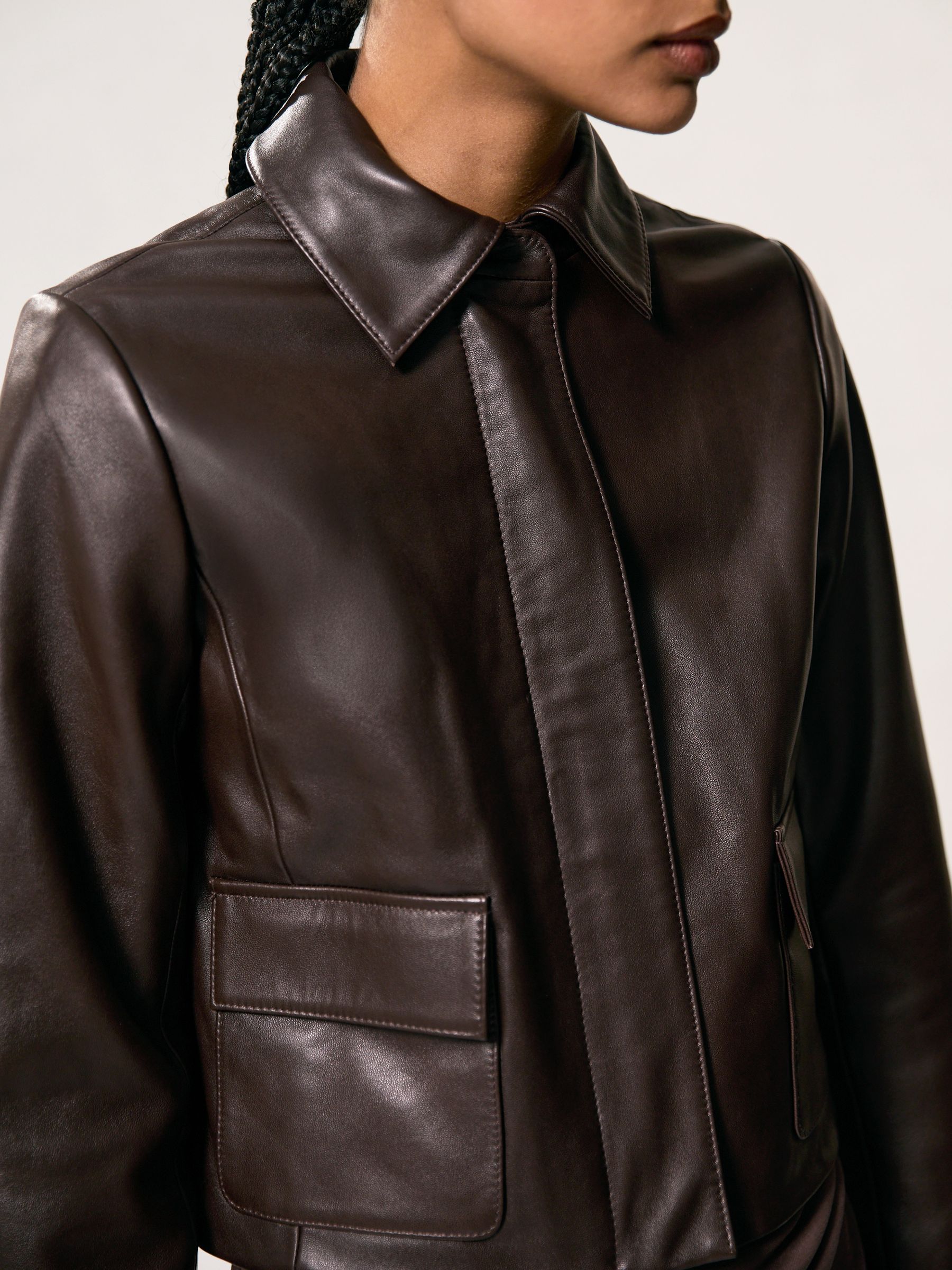 Collared Leather Jacket in Chocolate Brown