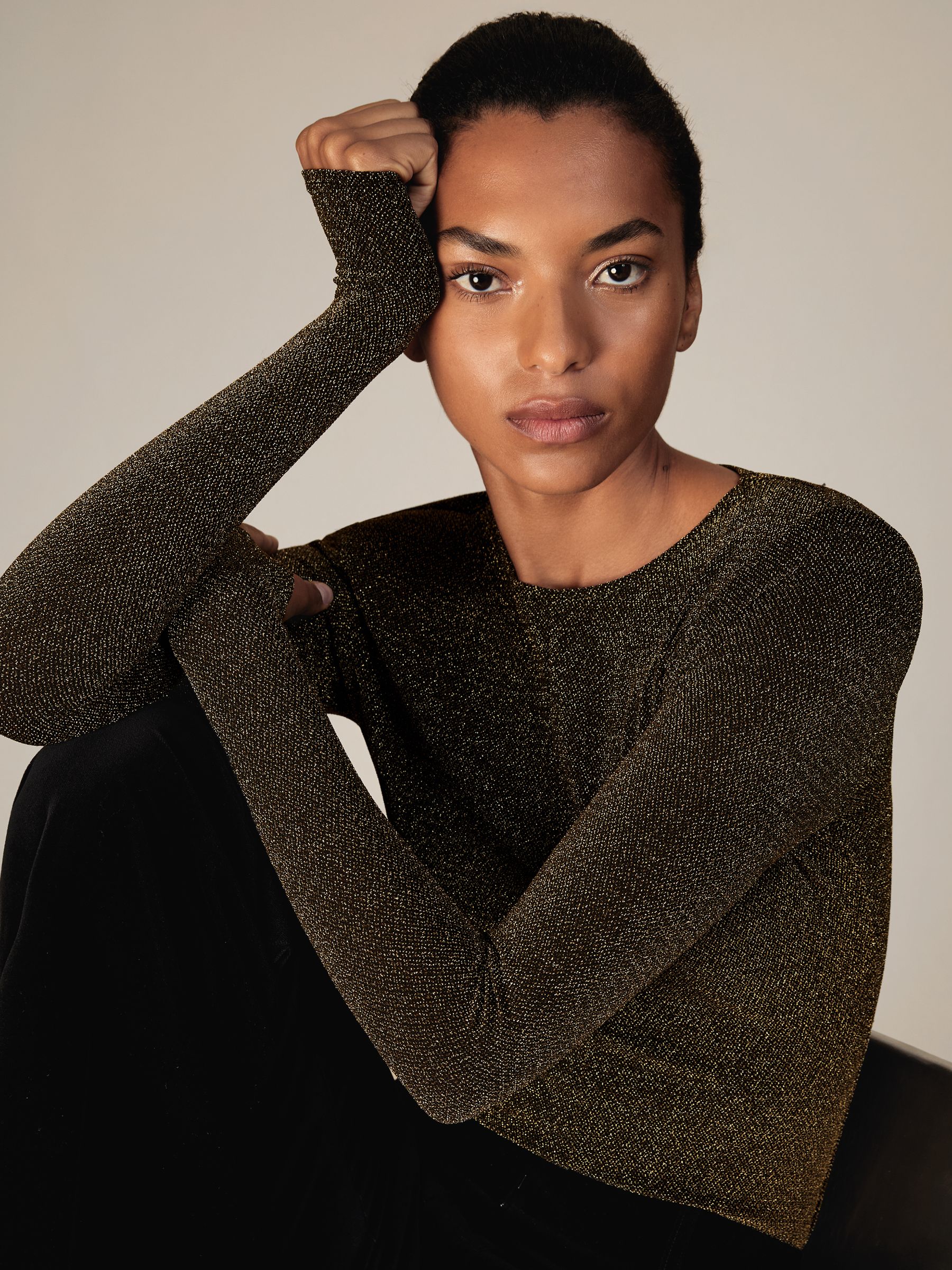 Metallic-Knit Long-Sleeve Top in Gold