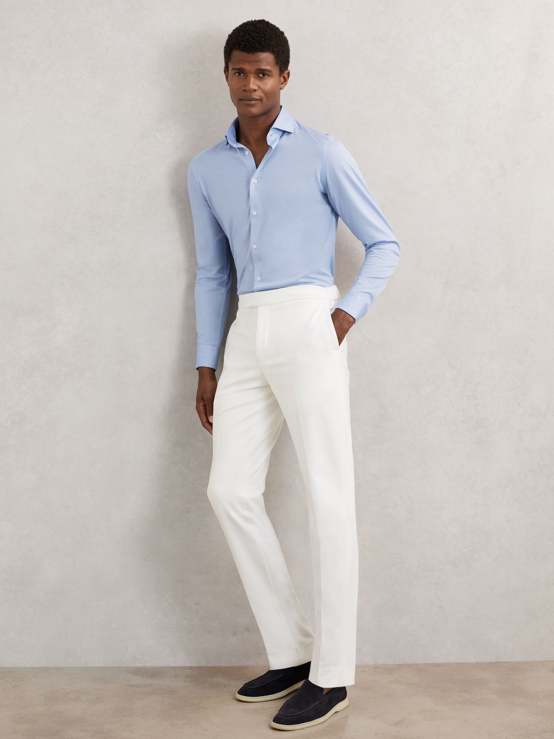 Cotton-Blend Jersey Cutaway-Collar Shirt in Soft Blue