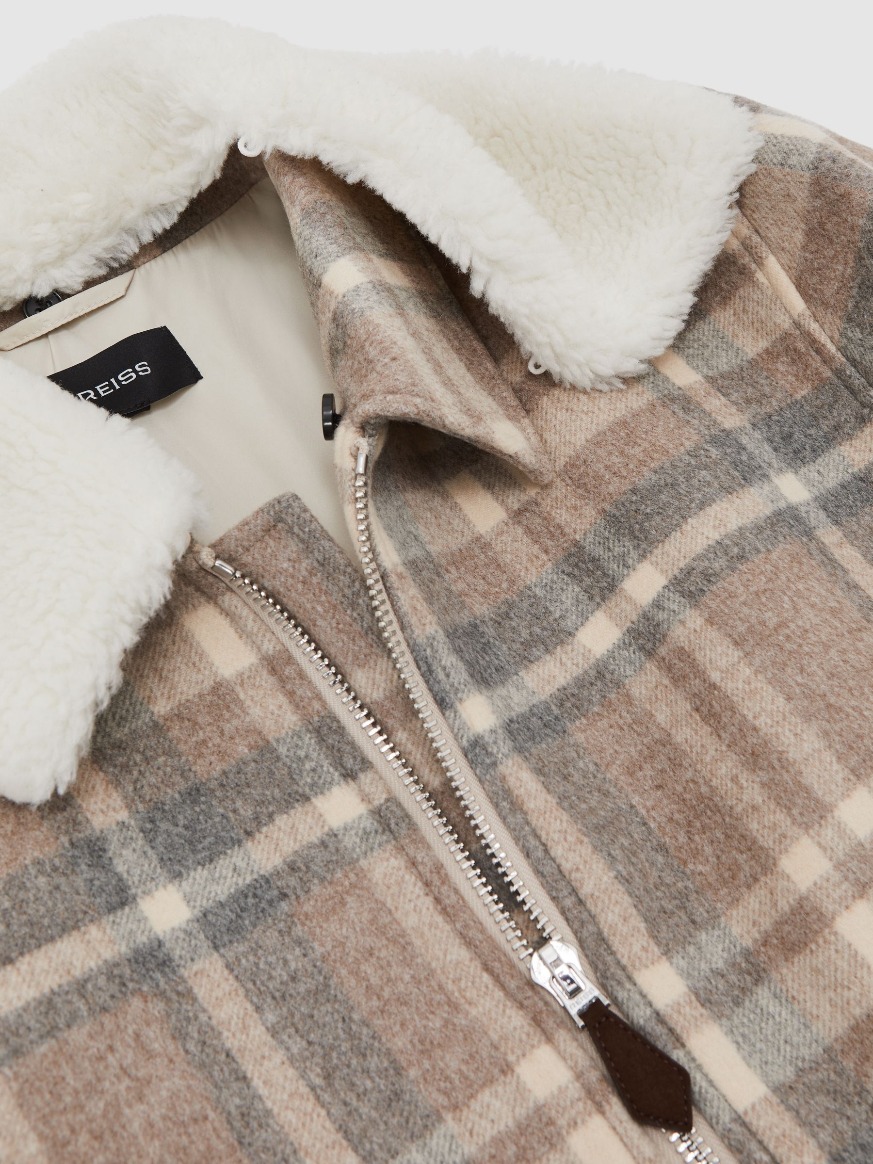 Wool-Blend Check Fleece-Collar Jacket in Oatmeal Brown