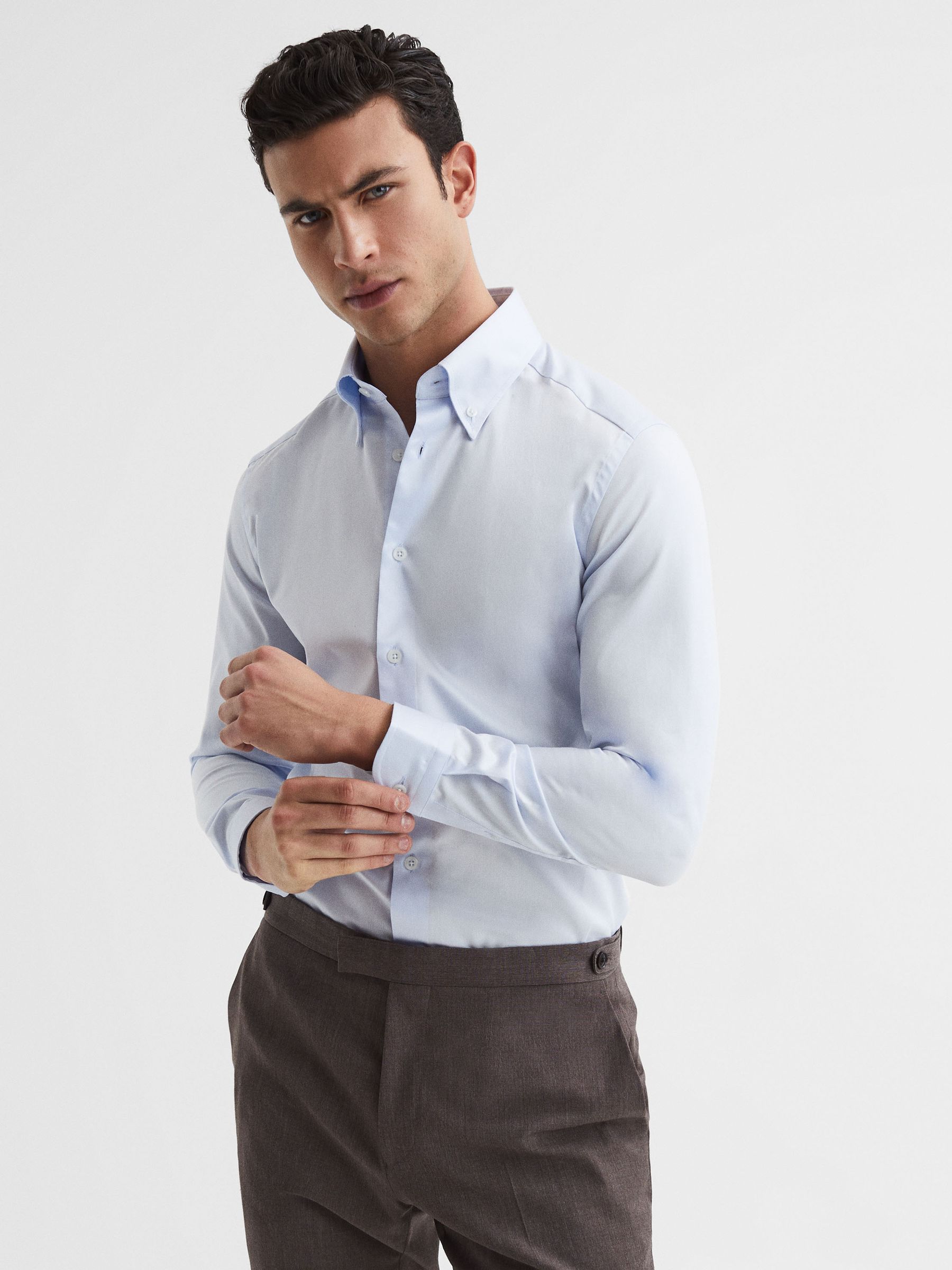 Slim Fit Cotton Button-Down Shirt in Soft Blue