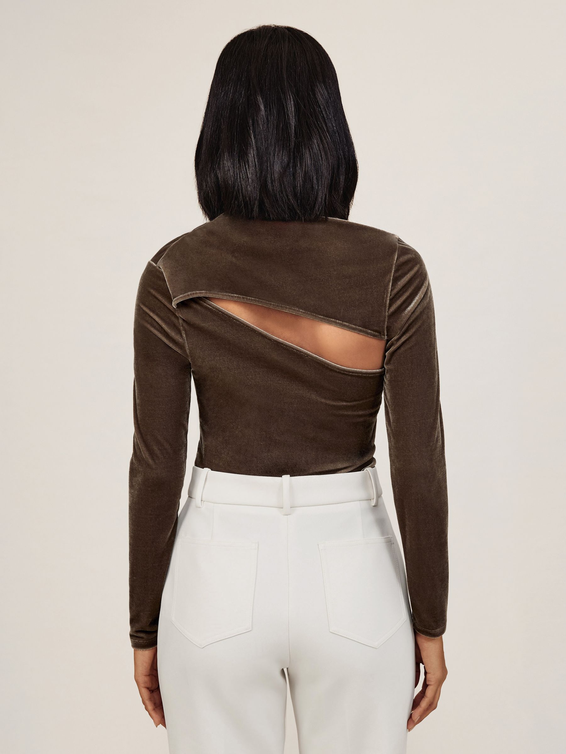 Velvet Cut-Out Long-Sleeve Top in Mocha Brown
