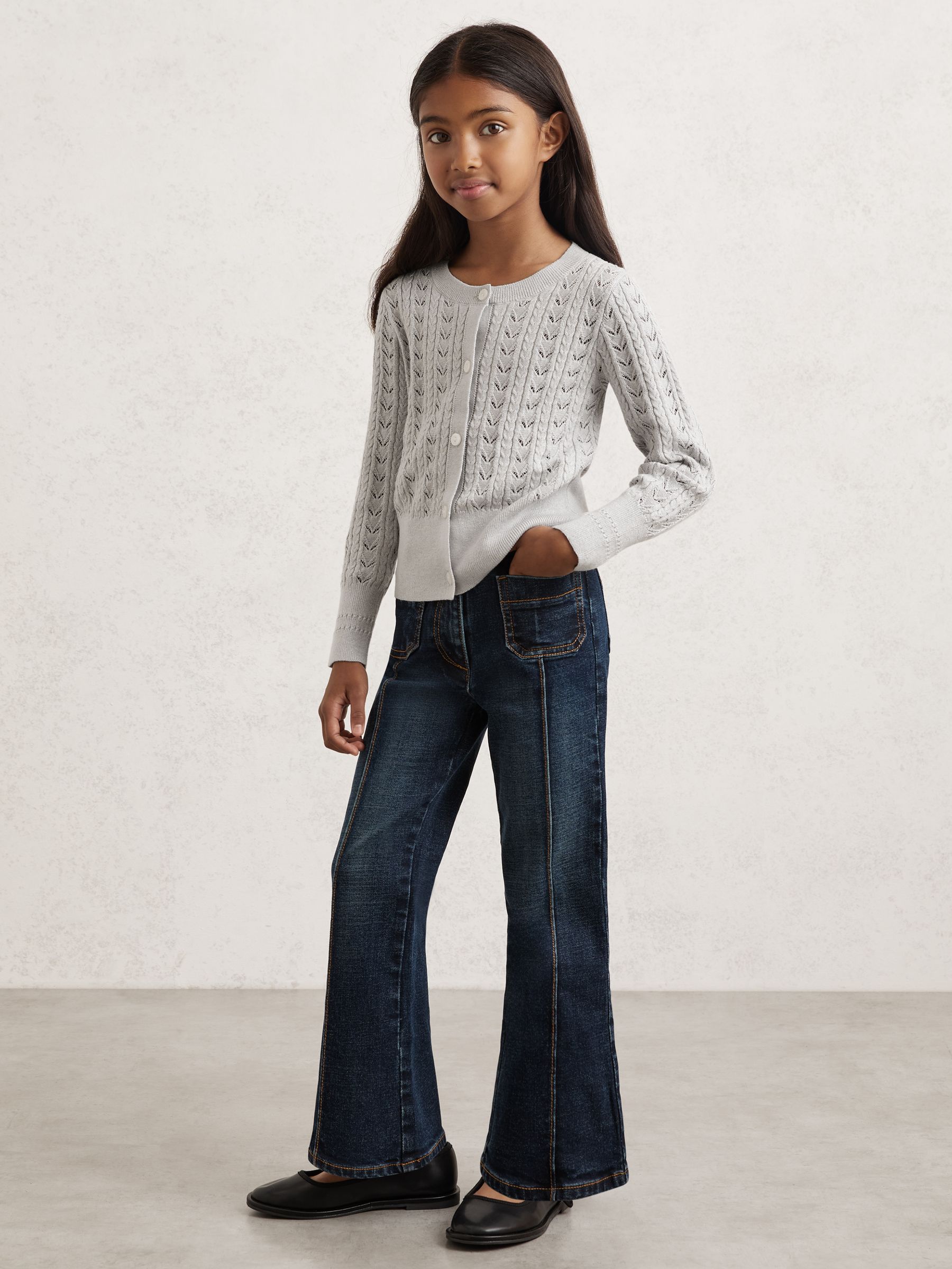 Cotton And Wool Blend Pointelle Cardigan in Grey