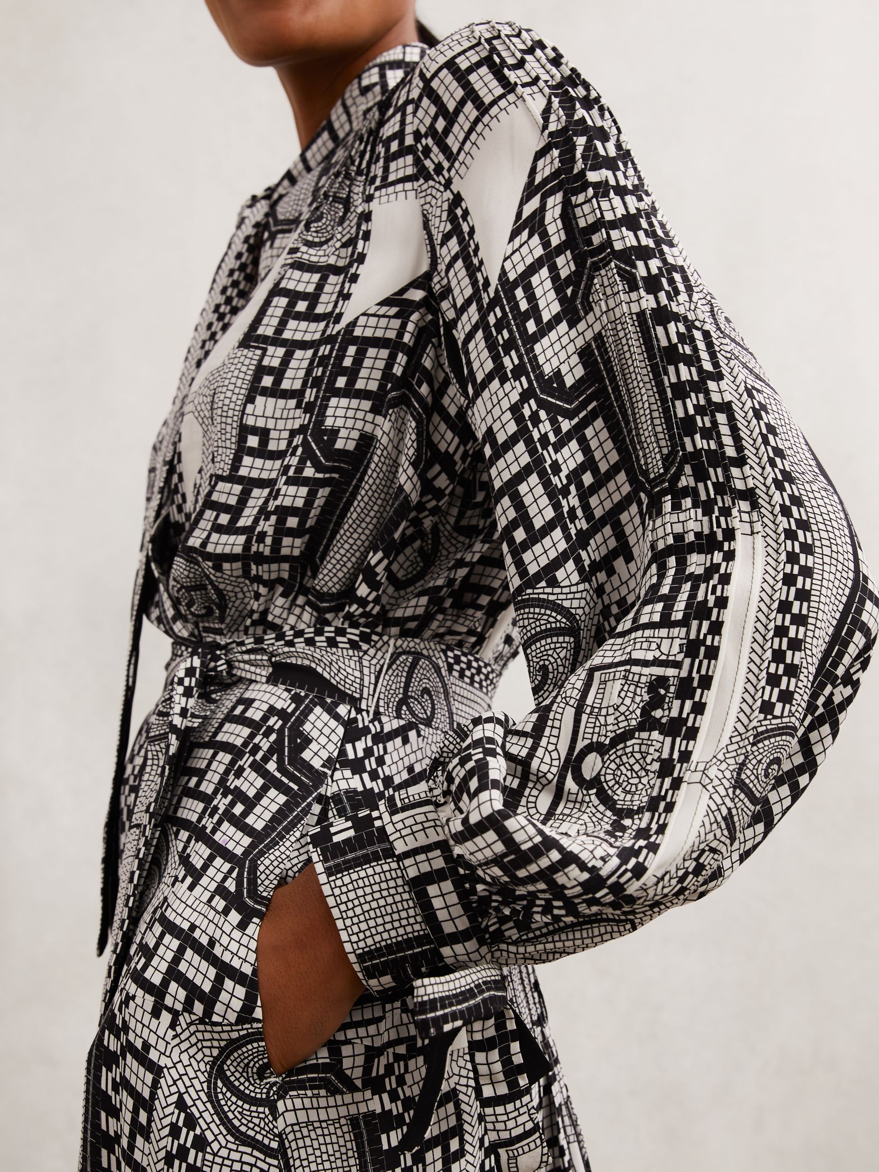 Geometric-Print Tie-Neck Dress in Black/Ivory