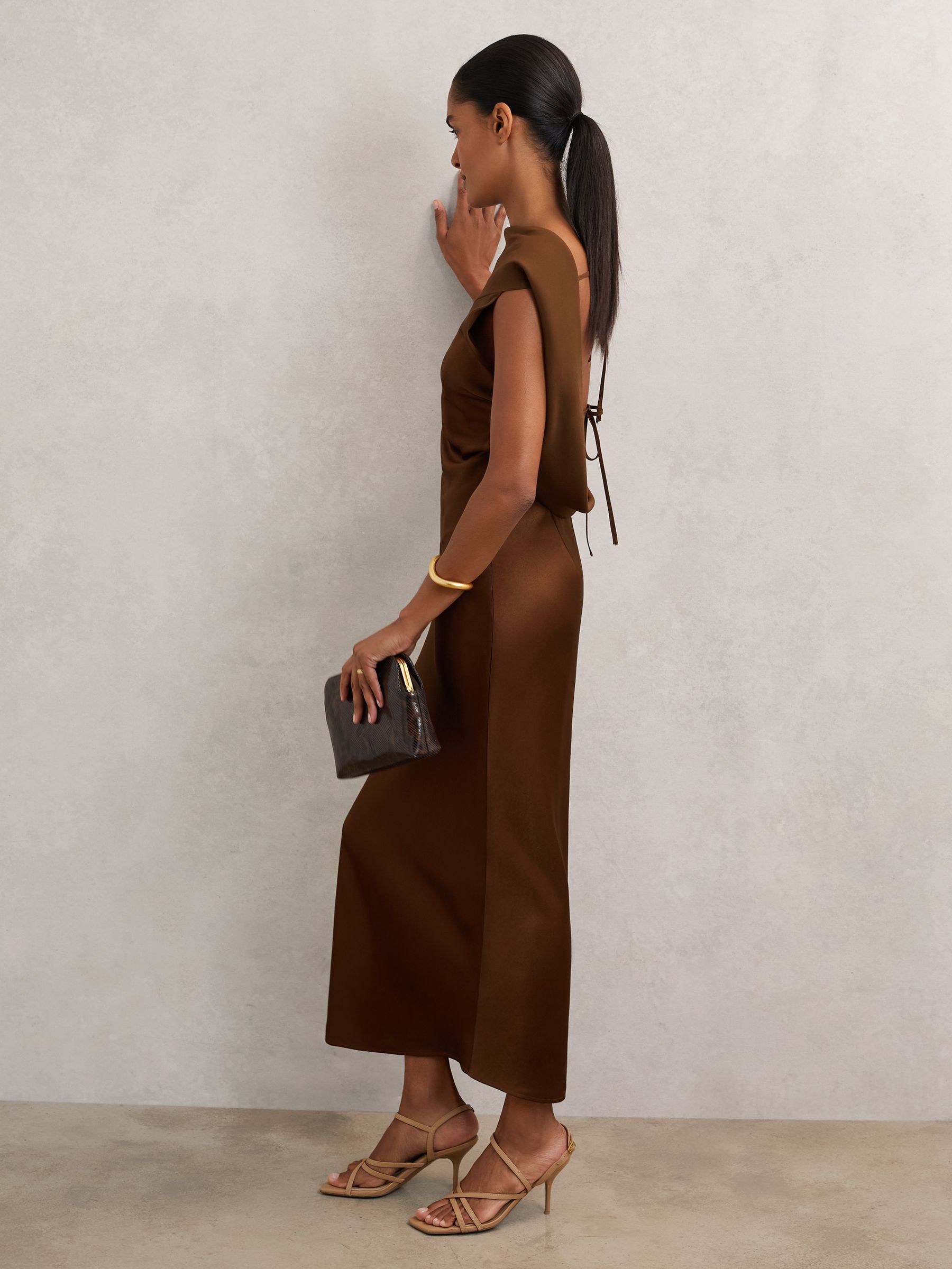 Petite Satin Draped Open-Back Dress in Bronze